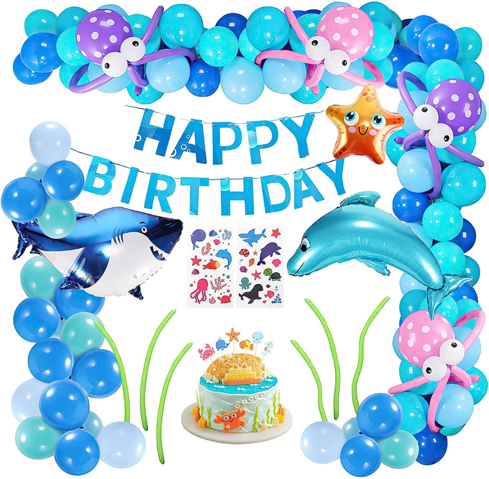 Ocean Party Balloon Arch Kit - 100PCS Under the Sea Party Decorations, Blue Themed Balloons Garland Set, Undersea Birthday Party Supplies, Sea Animals Party Balloon