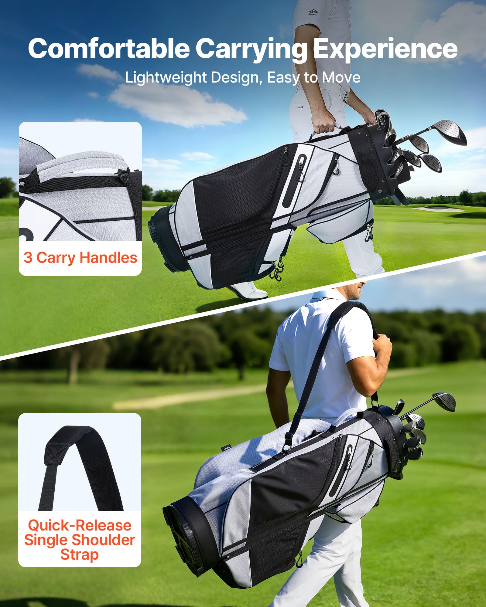 VEVOR Golftasche mit 14-fache Durchgehenden Schlägerfächern Tragegriffen Stautaschen Schultergurt Regenschutzhaube Leichtgängigen Reißverschlüssen Golfbag aus Strapazierfähigem 500D Polyester