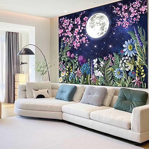 Miniatura 2 de Boziqr Tapiz estético de flores de luna, cielo estrellado, tapiz floral para colgar en la pared para dormitorio, tapiz de paisaje natural,