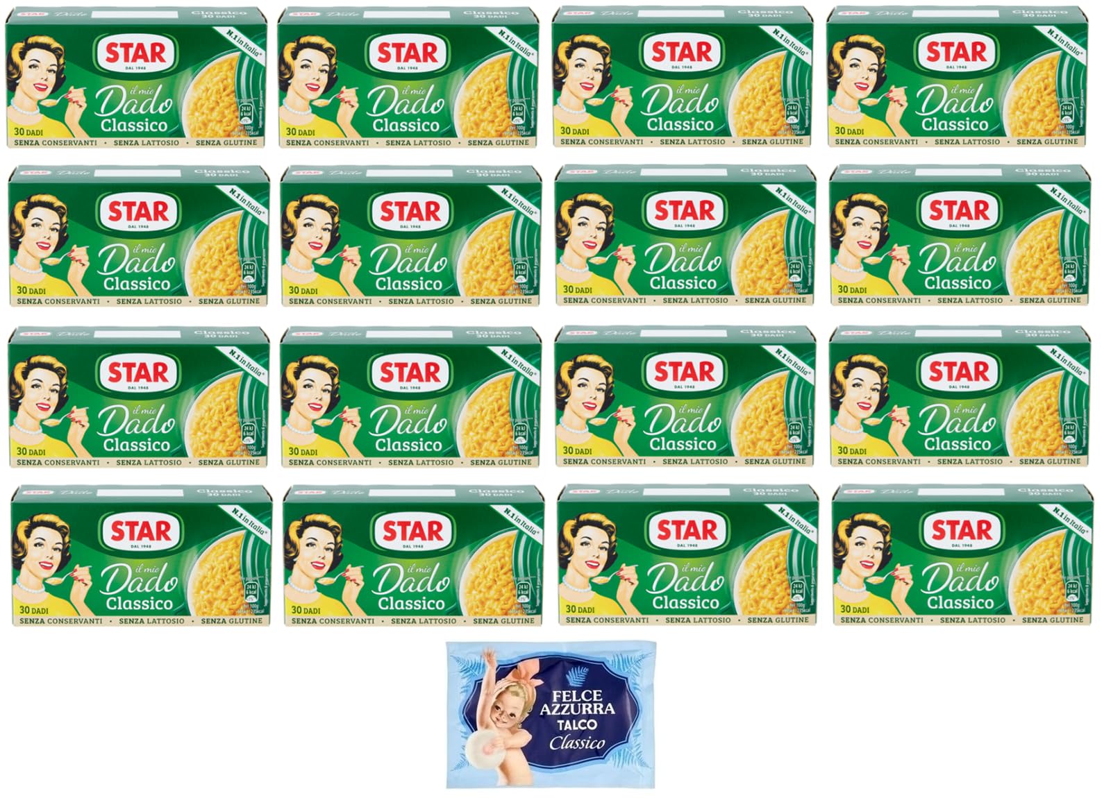 Confezione da 16 Star Il Mio Dado Classico, Preparato per brodo, scatole da 30 dadi + 1 Confezione di Talco Felce Azzurra in omaggio, Busta da 100g