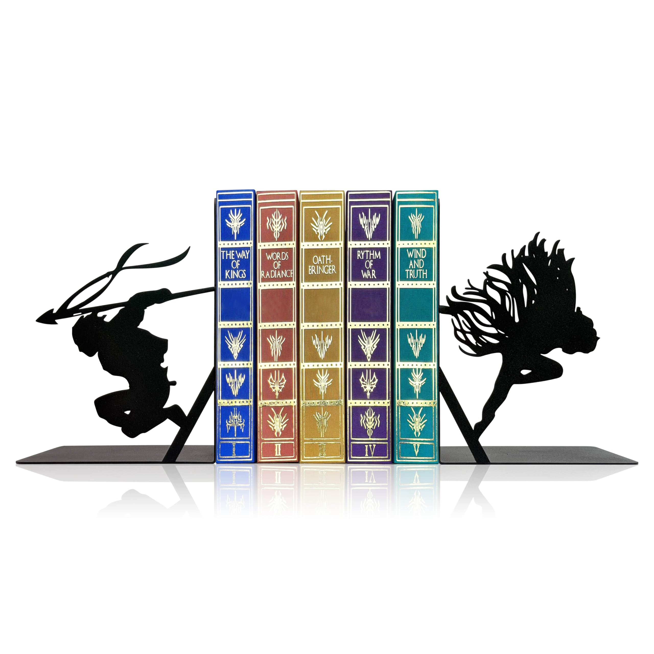 Vin & Kaladin-Inspired Metal Bookends - Dynamic Silhouette Design for Bookshelves and Fantasy Collections, Durable Decorative Gift for Epic Fantasy Fans