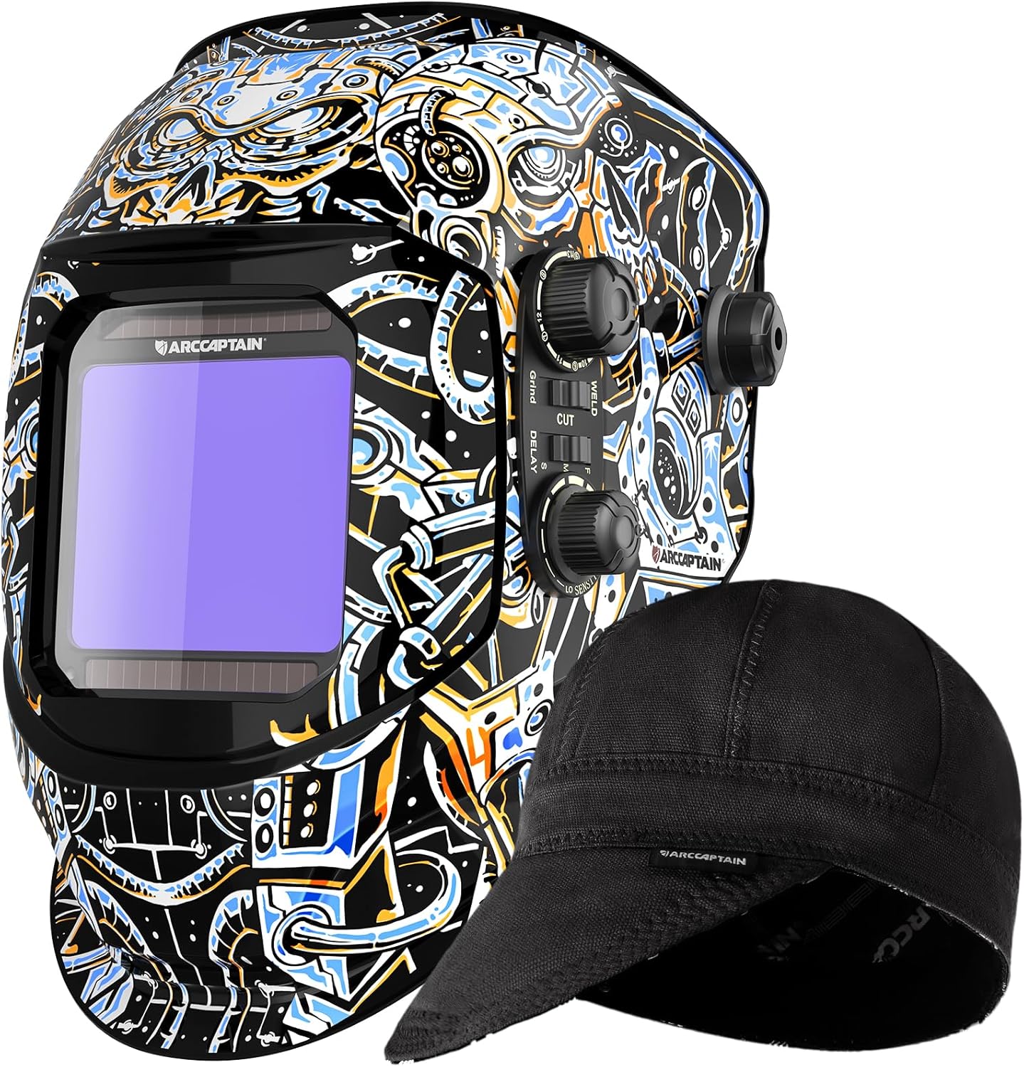 ARCCAPTAIN 3.94"X3.66" Large Viewing Screen Welding Helmet & Black Welding Cap, 7/14