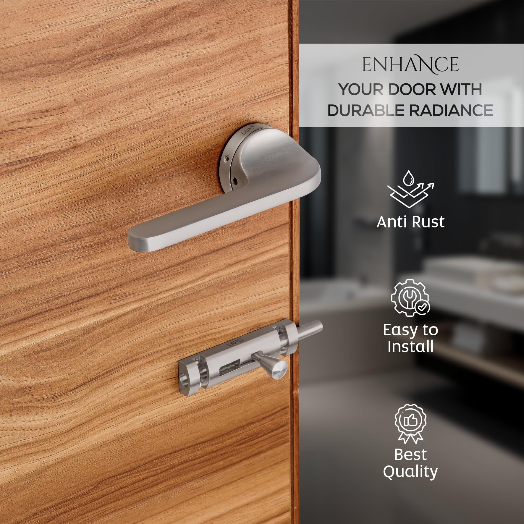 LAPO Door Lock for Bathroom & Balcony | 45x45 Lock Body | Brass Latch | Keyless Lock Set | Reversible Door Fit | Compatible with 30–50mm Thickness | Matt Finish | 3 Years Warranty | Ro-127 2