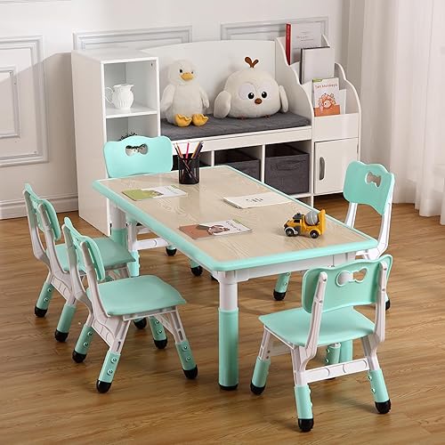 Miniatura 19 de GAOMON Juego de mesa y 6 sillas para niños, altura ajustable, juego de mesa y silla para niños de 2 a 10 años, máximo 300 libras, mesa de arte de