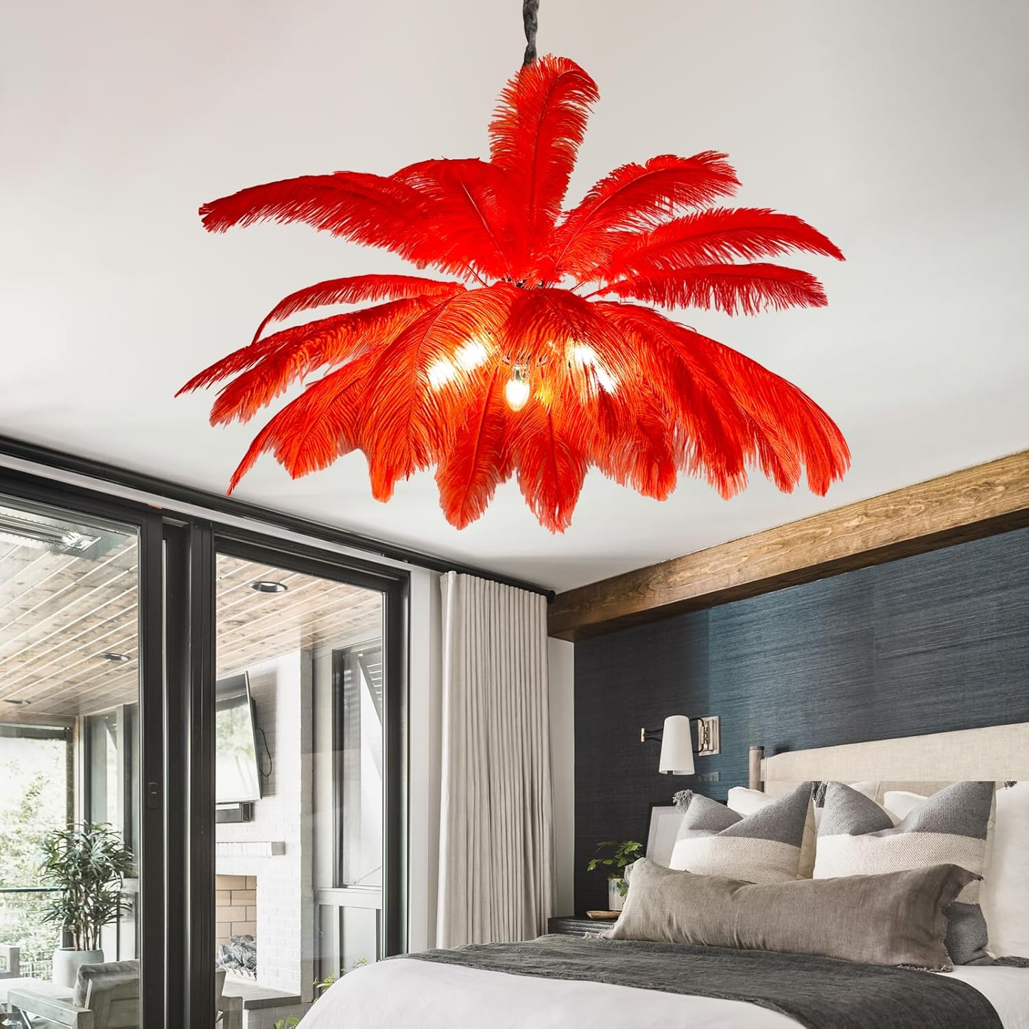 Modern Feather Chandelier for Bedroom, White Feather Ceiling Light Fixture with Ostrich Hair Lampshade, Pendant Lights for Living Room, Hotel, Corridor, Foyer