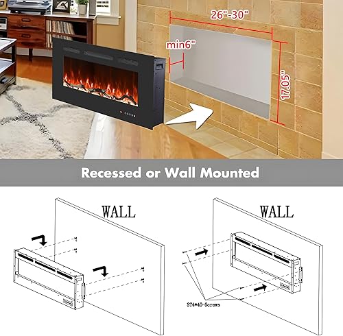 Miniatura 5 de Valuxhome Chimeneas eléctricas empotradas y montadas en la pared de 30 pulgadas para sala de estar con control remoto, 1500 W750 W, 13 colores de