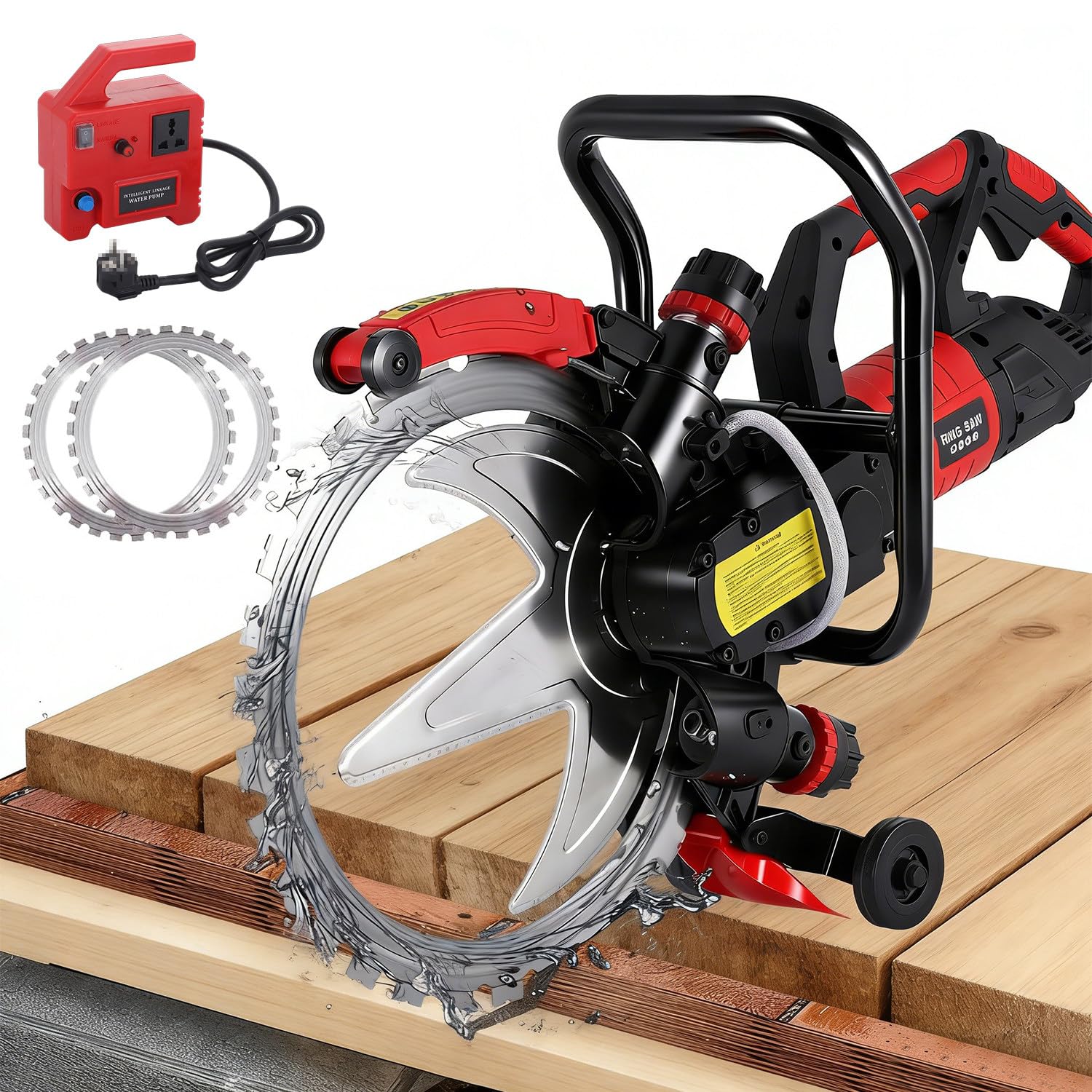 Sega Ad Anello Elettrica per Calcestruzzo a Taglio Secco/Umido con 2 Dischi Diamantati (1 di Ricambio), Motore 8980W / 9500W, profondità 30 cm a 90°, Pompa Acqua Integrata 9500W
