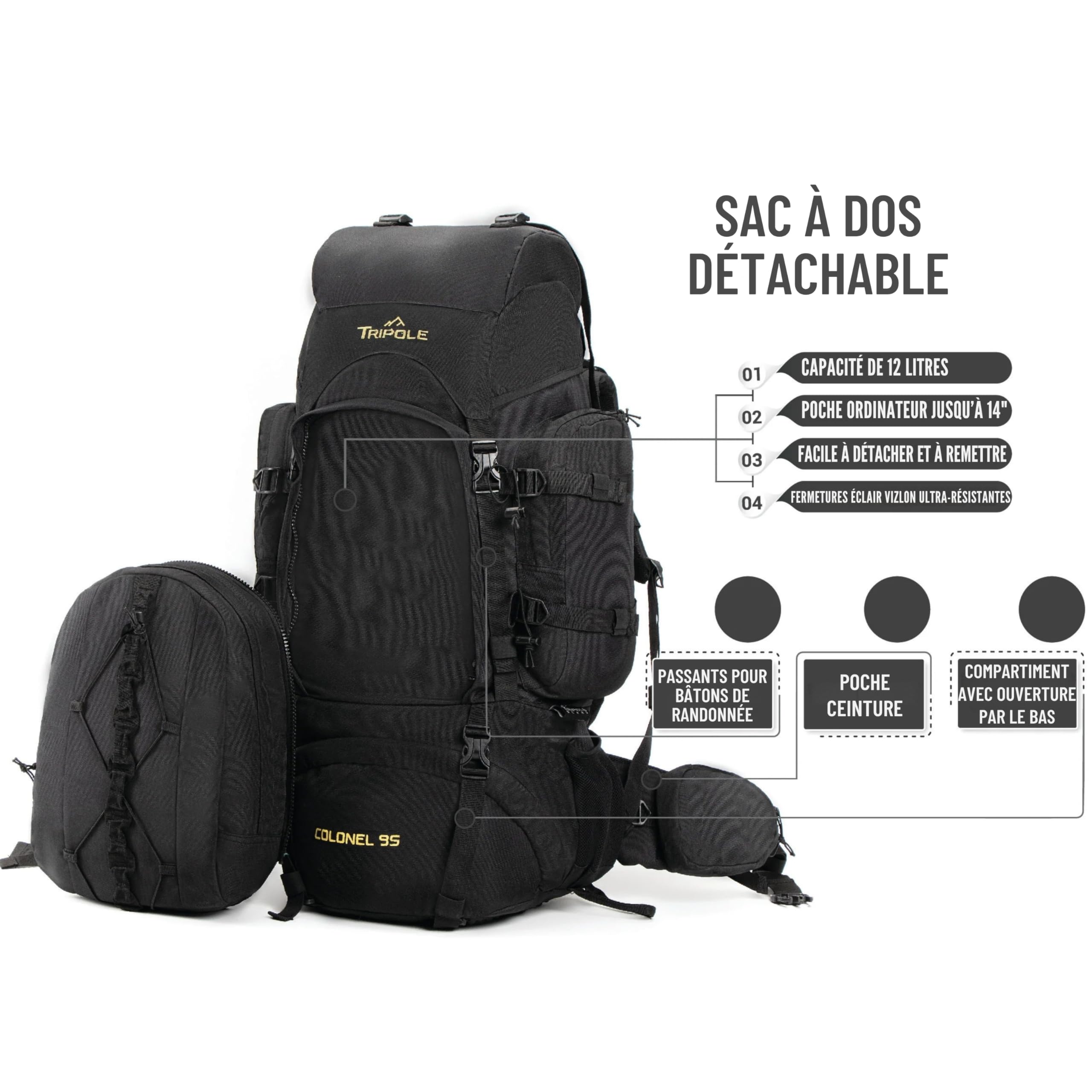 Tripole Colonel Sac à Dos 95L Voyage & Randonnée avec Sac de Jour Amovible 12L – Pour Femmes et Hommes, Sac à Dos Étanche avec Cadre Interne et Housse de Pluie, Camping & Trekking – Noir