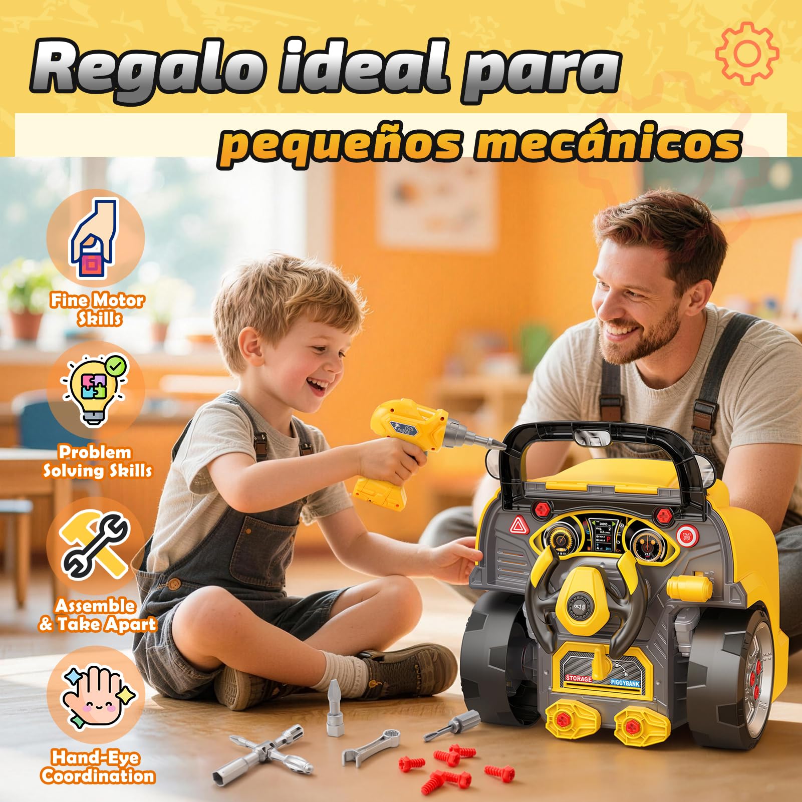 Juguetes para Niños 3-8 Años: Juego de Herramientas con Camión Desmontable y Vehículo de Construcción con Disfraz de Constructor Incluido, Juguete Educativo Stem, Cumpleaños