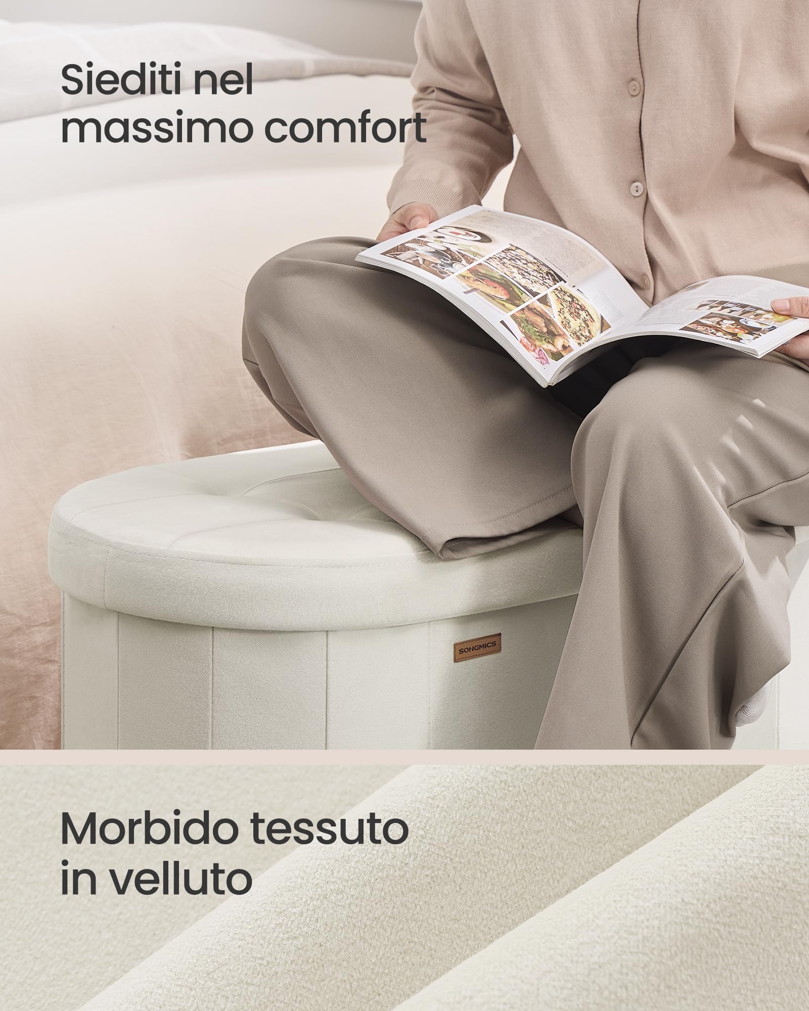 SONGMICS Cassapanca, Pouf Contenitore, Poggiapiedi Pieghevole, Montaggio Facile, per Soggiorno, Ingresso, Camera da Letto, in Velluto, Capacità110 L, 38 x 110 x 38 cm, Bianco Crema LSF297LH01