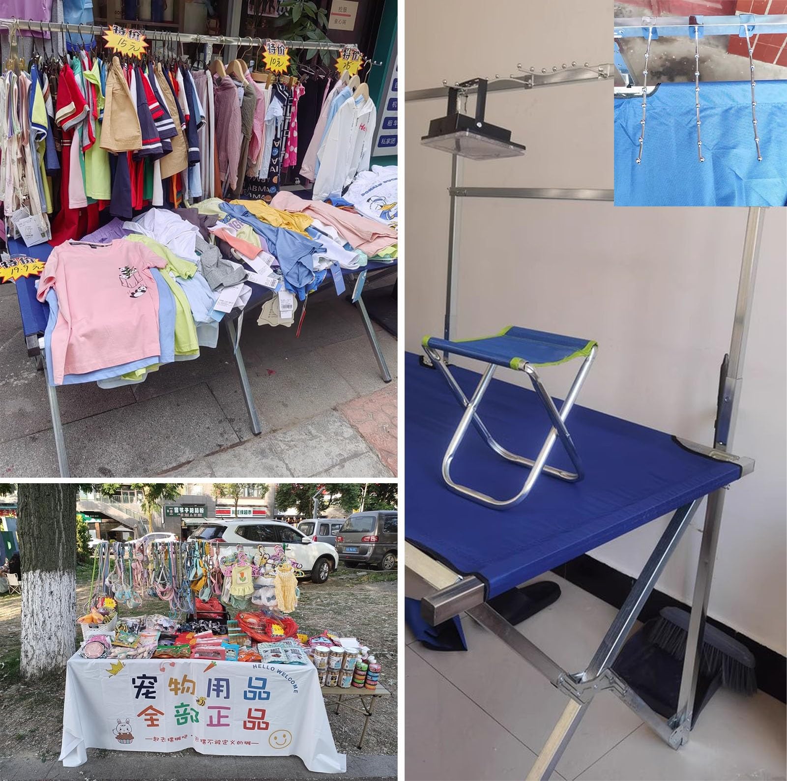 Puesto de Mercado Expositores de Suelo Portátiles para Puestos de Mercado, Ropa Plegable Carrito de Mercado para La Venta de Negocios, Altura Ajustable Puesto de Venta Ambulante(Width-200cm(78.7in))