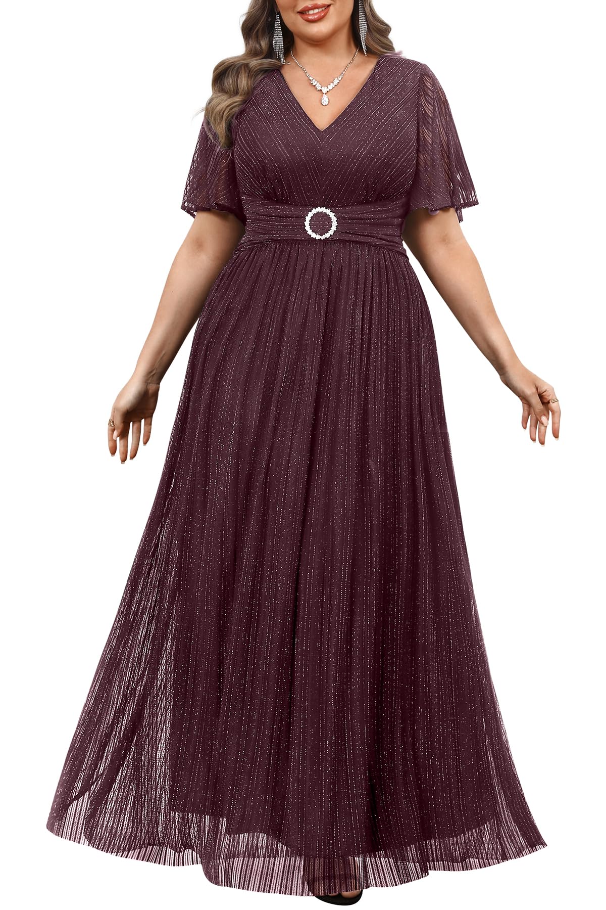 Plus Size Formal Dresses - Wedding Guest Evening Gown Sparkly Sequin Prom Gala Ball Maxi Dress with Short Sleeves