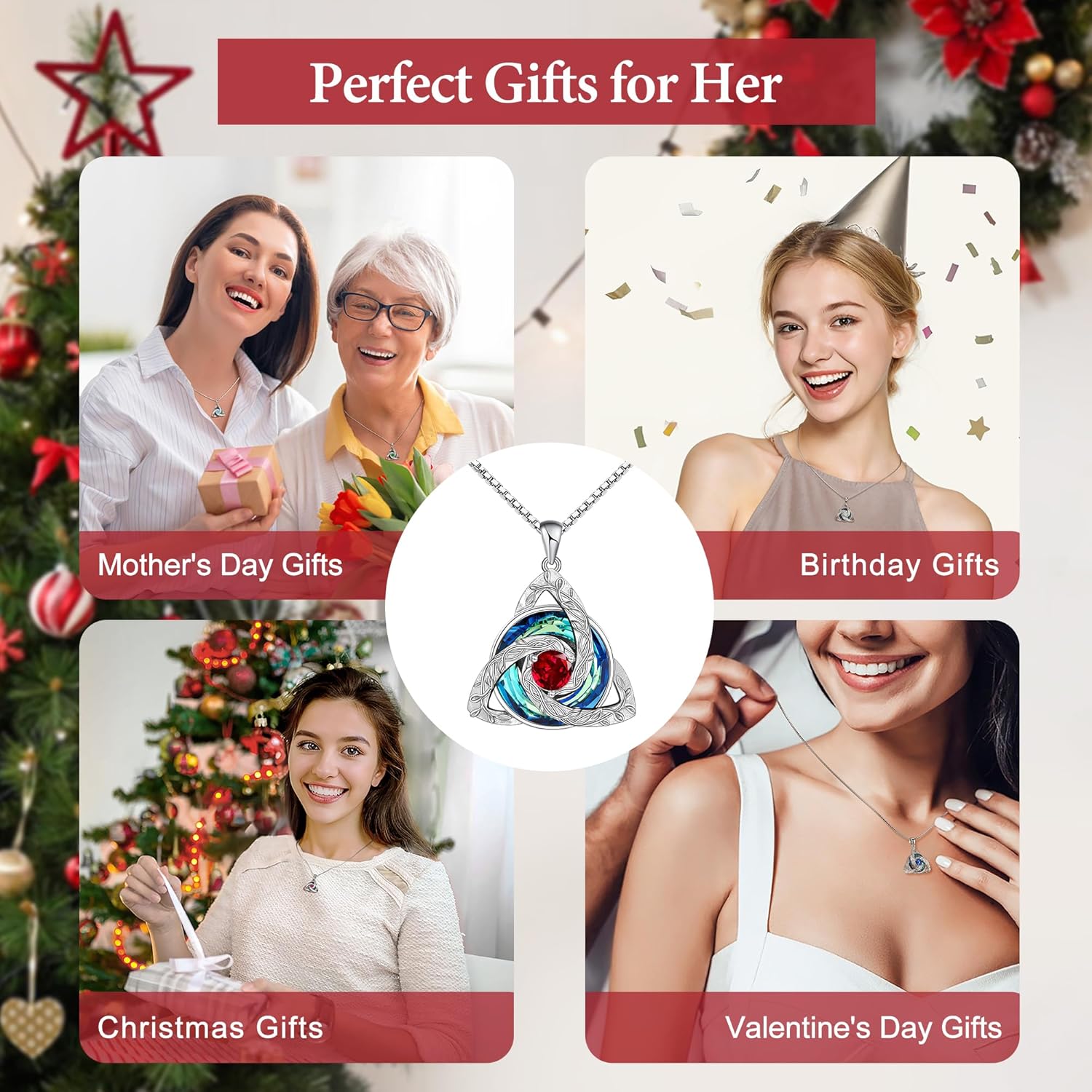 Distance Celtic Birthstone Necklace for Women, S925 Sterling Silver Trinity Knot Triquetra Austria Crystal Pendant, Birthstone Necklace Birthday Anniversary Jewelry Irish Scottish Gifts for Her - Image 6