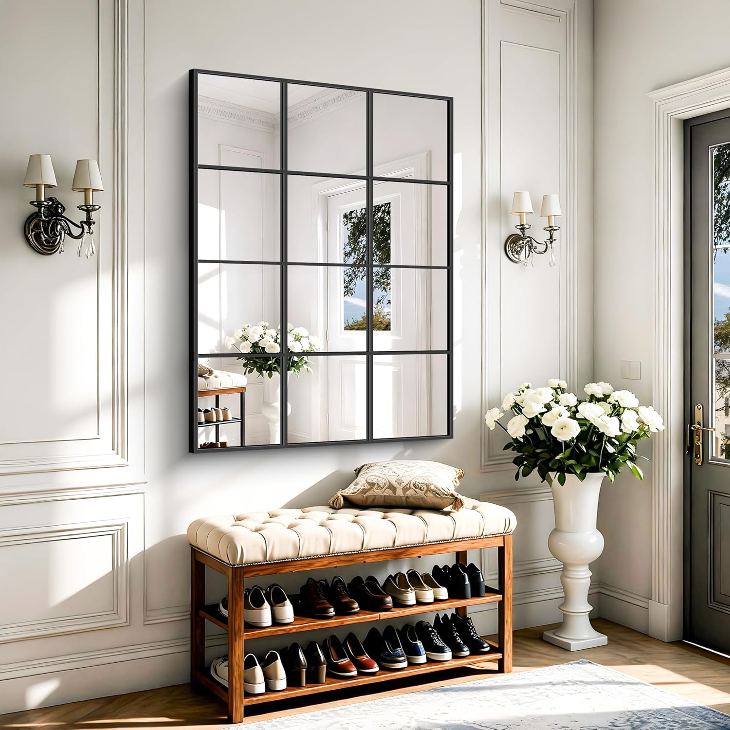 YIROMAN Window Pane Mirror, 36x48 Inch Black Rectangular Decorative Wall Mirror, Large Window Metal Framed Mirrors for Bedroom Living Room Fireplace Entryway, Hanging or Leaning Against Wall