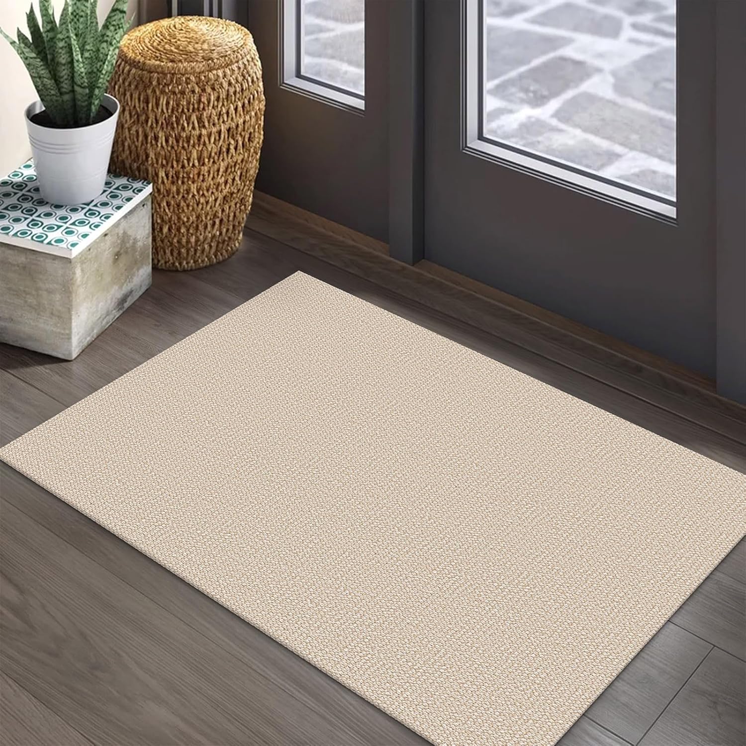EARTHALL Washable Area Rug 2x3 Ft Non Slip Rugs for Entryway Braided Small Throw Rugs with Rubber Backing Door Mat Indoor Outdoor Entrance Rug for Kitchen Foyer Front Door, Beige/White 2' x 3' (24"x36") Beige/White