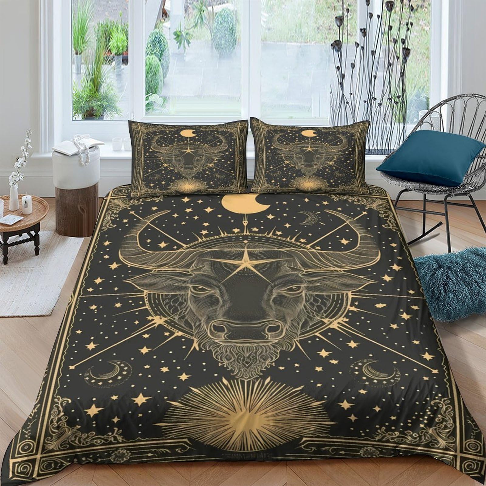Ctjqhvkz Style-6 3D Printed Mystical Bull Fitted Sheet Microfiber Geometric Moon Mattress Cover Anti-Slip Washable Bed Decor For Bedroom Guest Room Single（135X200cm）