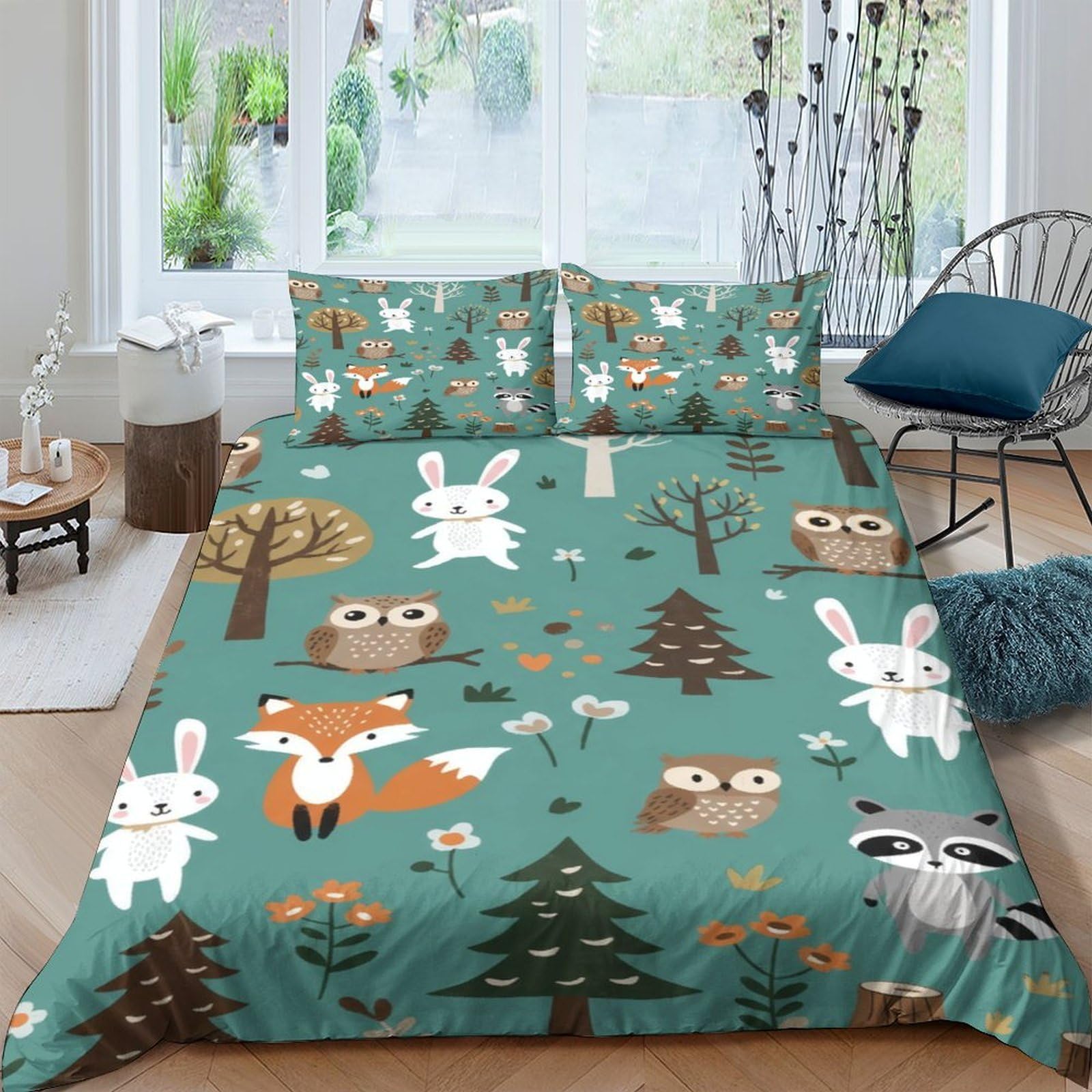 Ctjqhvkz Style-1 3D Printed Forest Animal Fitted Sheet Microfiber Soft Green Woodland Owl Fox Bed Cover For Bedroom Dorm Mattress Decor Single（135X200cm）