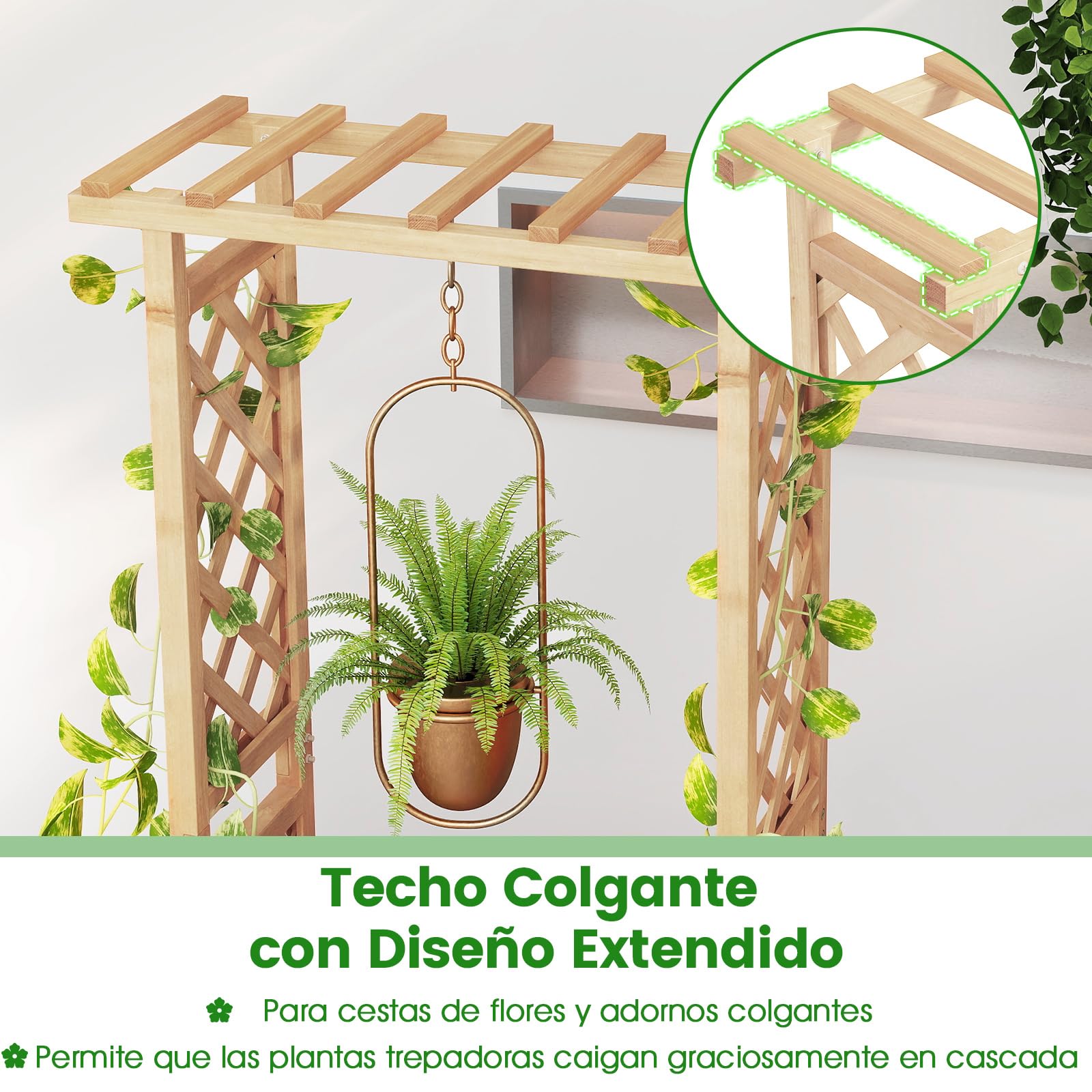 COSTWAY Cama de Jardín Elevada con Enrejado, Jardinera de Madera Independiente con Techo para Colgar, Agujeros de Drenaje para Plantas Trepadoras, Flores, Maceta de Plantación para Patio (Natural)