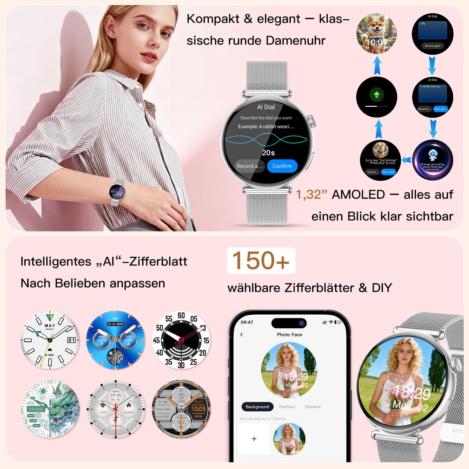 2026 Neu Smartwatch Damen mit EKG/Blutdruckmessung/Schlaf, 1,32"AOD Klein Runde Gesundheitsuhr mit AI-Zifferblatt &AI-Smart-Q&A,Bluetooth Anrufe/SpO₂/Puls/HRV/BMI/Stress/Menstruationszyklus Fitnessuhr