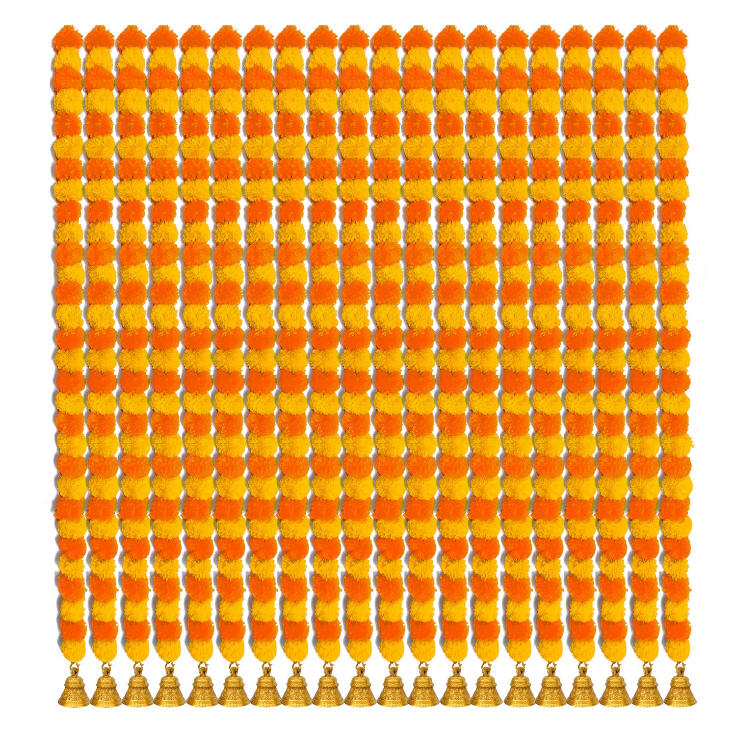 iHandikart Artificial Marigold with Bell Decorative Garland|Marigold Garland|Door Hanging Garland|Ganesh Chaturthi, Size 60 inch, Pack of 20 Colour Yellow & Light Orange (31066-B)