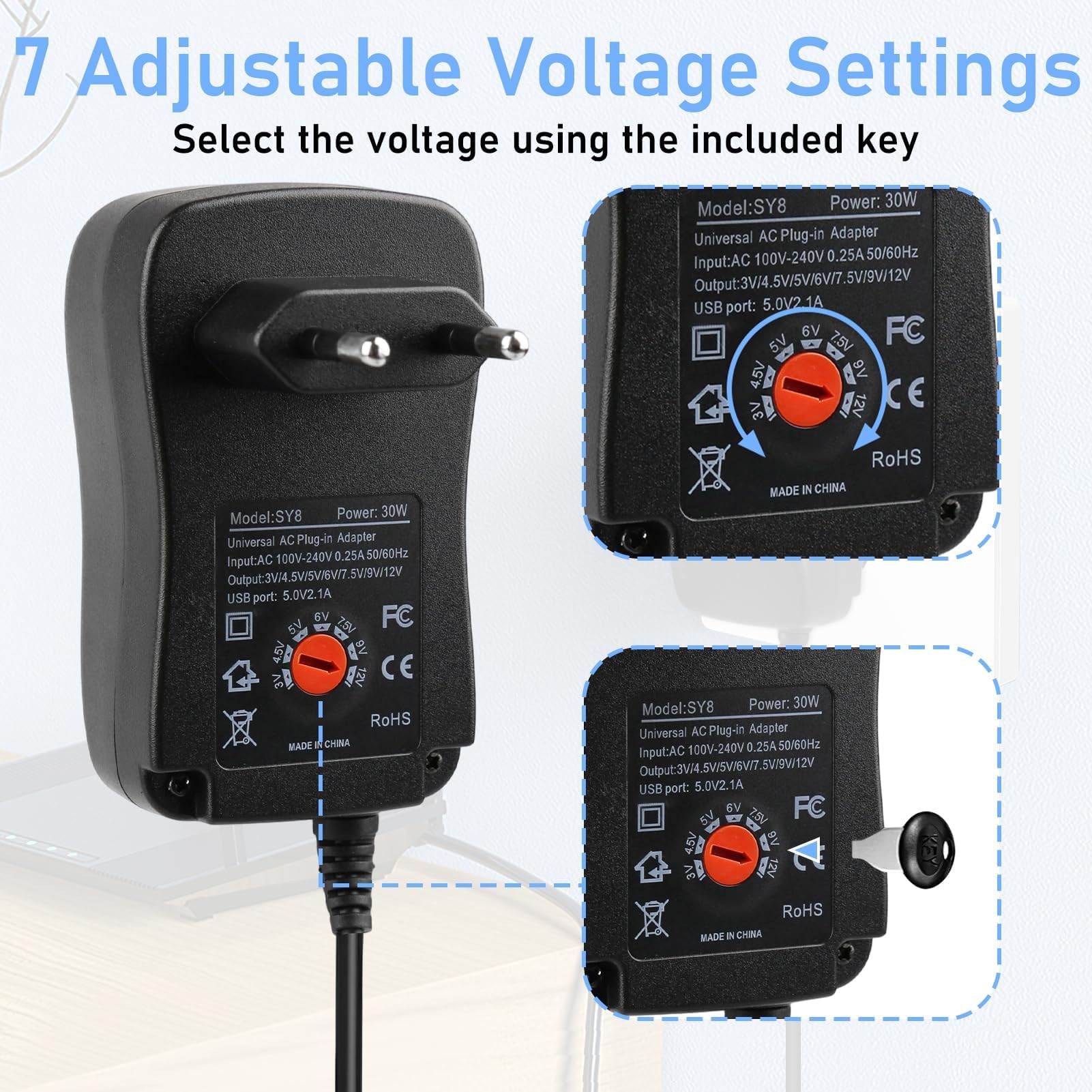 30W Adaptador Universal de 3V 4.5V 5V 6V 7.5V 9V 12V 2A AC/DC, Cargador Universal 30W 12V, 8 Puntas para Adaptador Corriente 30W Universal, Fuente-Adaptadora con Voltaje Múltiple para Router LCD — view 4