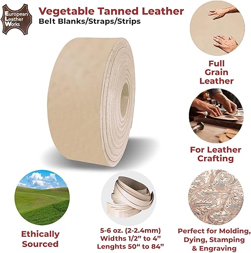 Miniatura 3 de ELW - Correas de cuero curtido vegetal, 5-6 onzas (0.079in) de grosor, tamaños de 12 a 4 pulgadas de ancho x 72 pulgadas de largo, cuero para