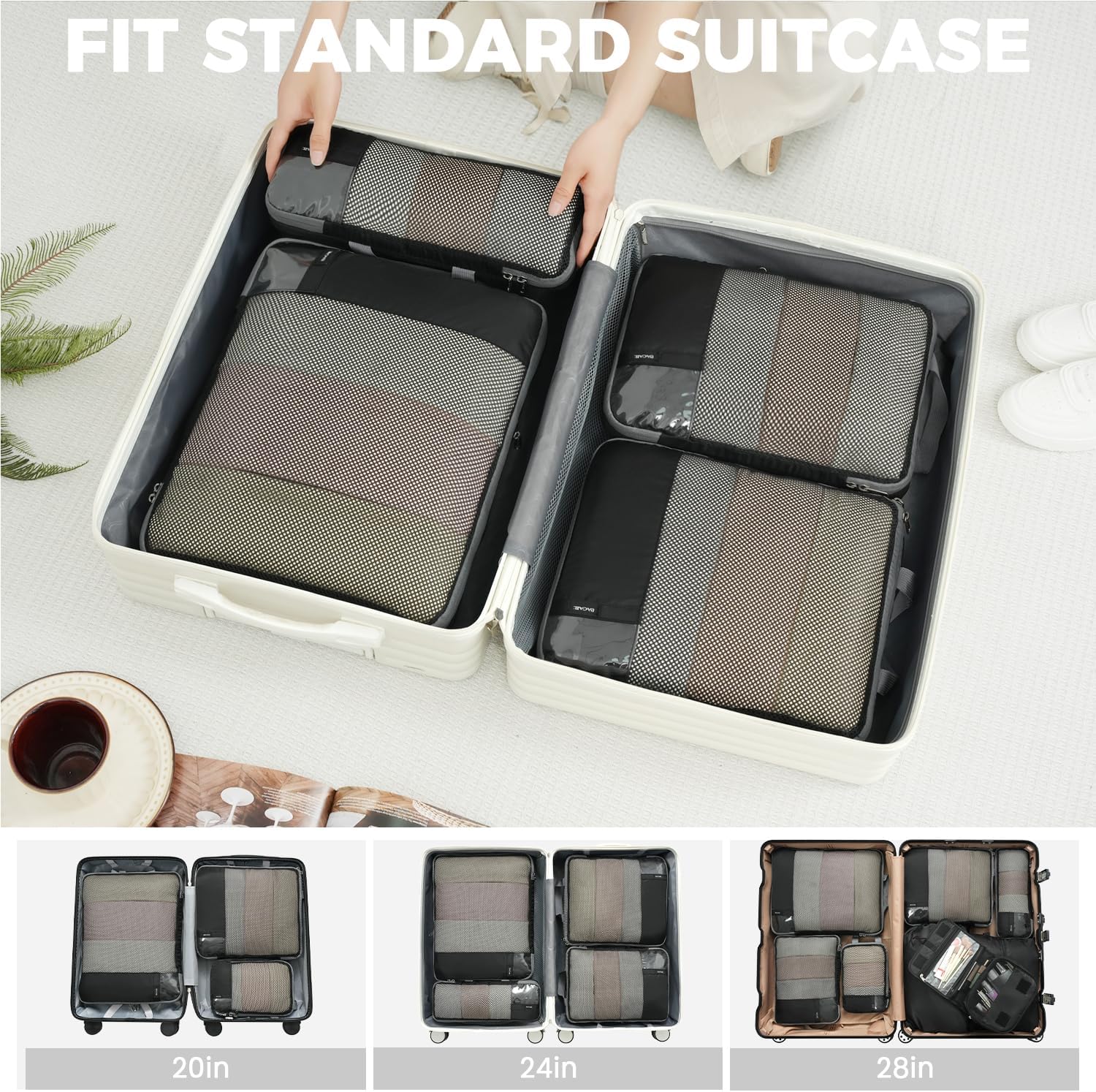 BAGAIL 4 Set/6 Set/8 Set Compression Packing Cubes Travel Accessories Expandable Packing Organizers (Half Mesh, 8-Jet Black) - Image 8