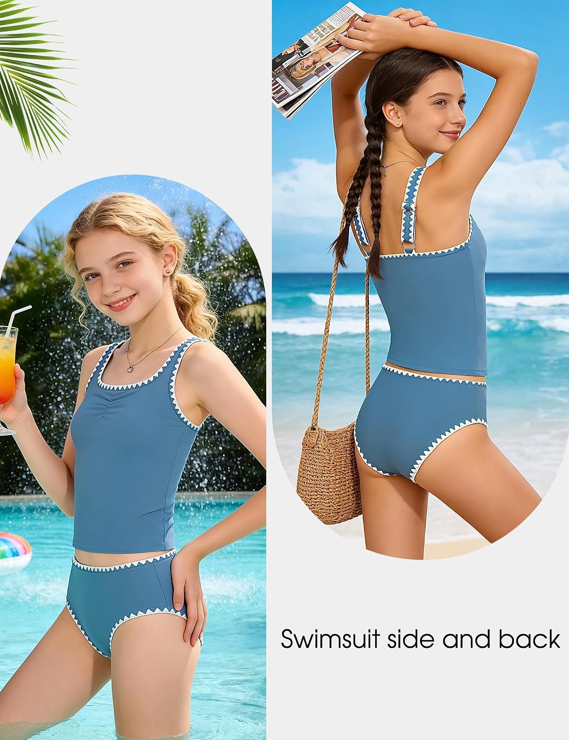Weixinbuy Girls Tankini Girls 2 Piece Swimsuit Contrast Trim Tween Bathing Suit Swimwear Padded Swimsuits for Teens 9-16Y