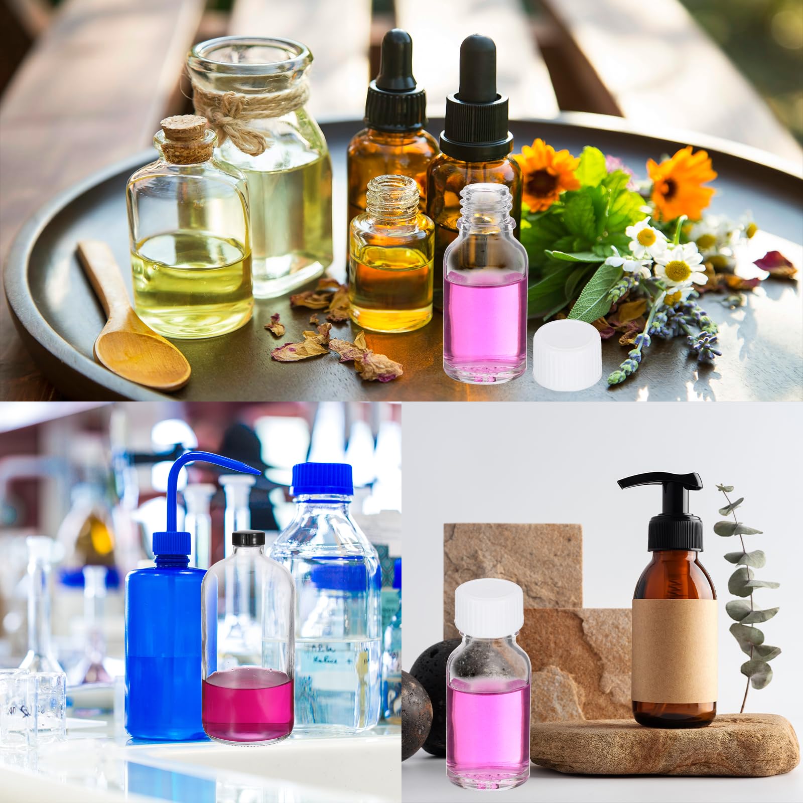 PATIKIL Botellas de muestra de vidrio de 30 ml, 48 botellas dispensadoras redondas con tapa de cono de poliéster negro para líquidos reactivos, jugo, perfume, salsa picante, chupitos de jengibre,