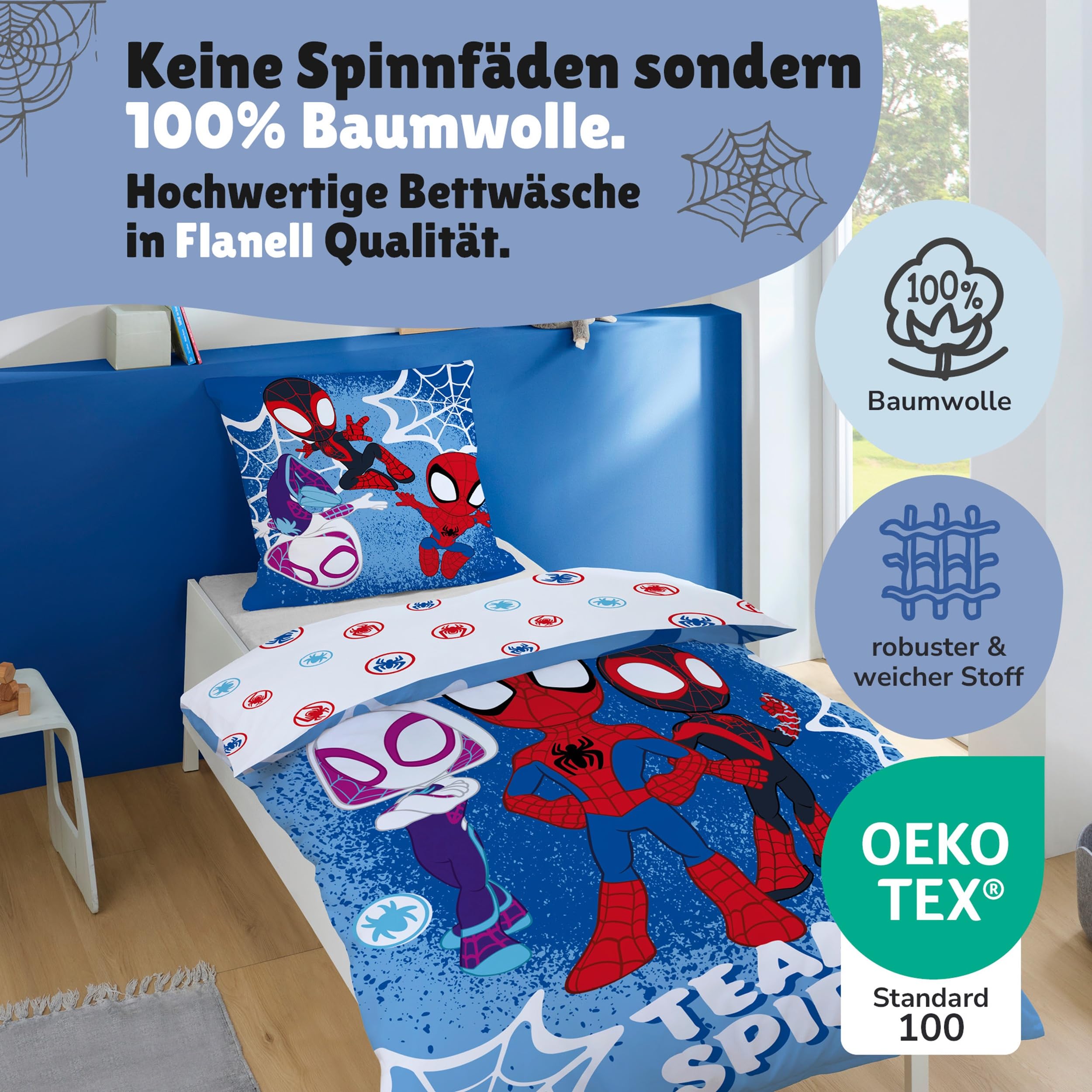 Familando – Spidey Bettwäsche-Set (2-teilig) – Decken- & Kissenbezug 135x200 cm & 80x80 cm mit Reißverschluss – Flanell aus 100% Baumwolle – Winterbettwäsche – Öko-TEX Zertifiziert