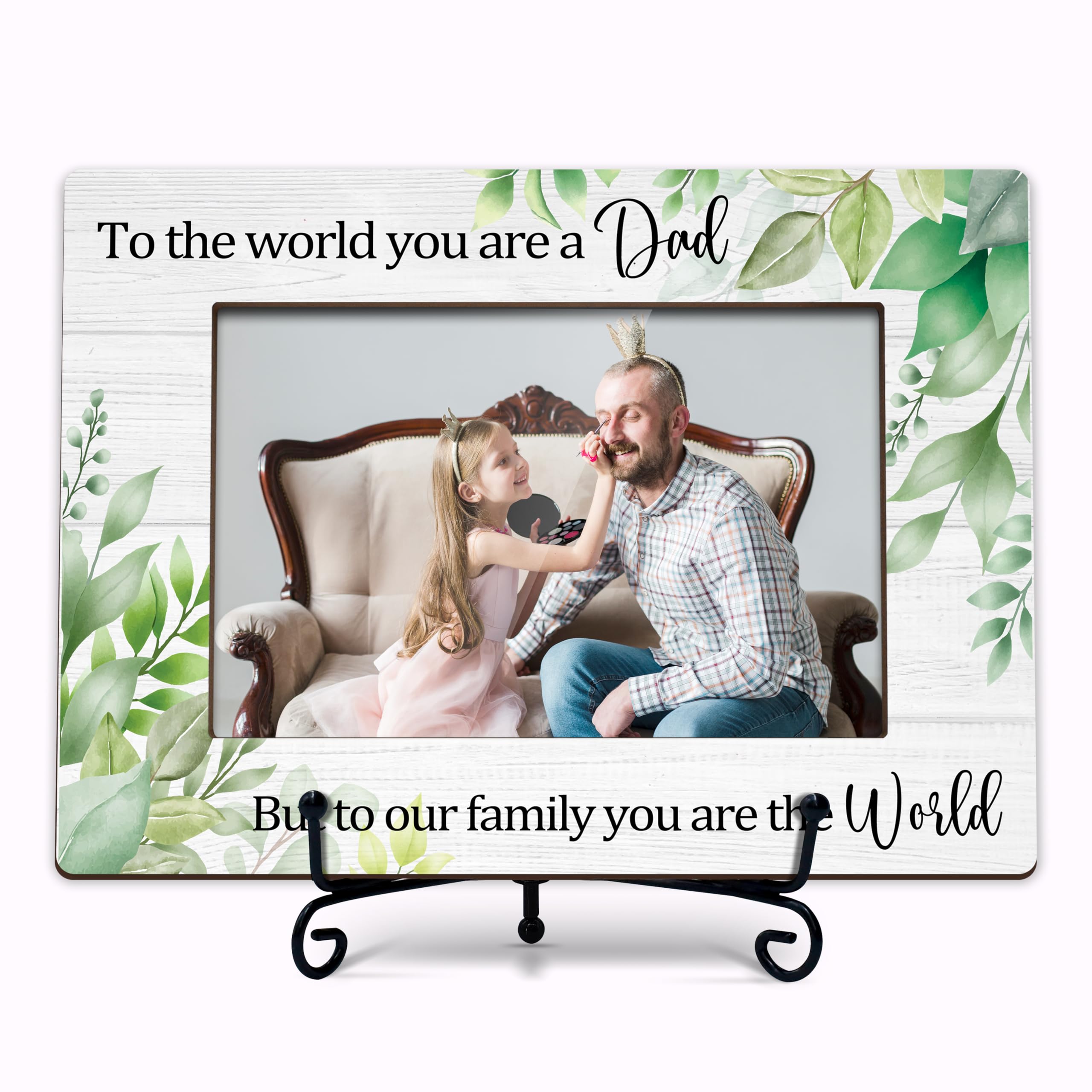 TIOFUNO Dad Picture Frame, First Father's Day Photo Frame Gifts from Daughter Son, Birthday Gift for Daddy, Greenery Wood 4x6 Frames with Iron Stand