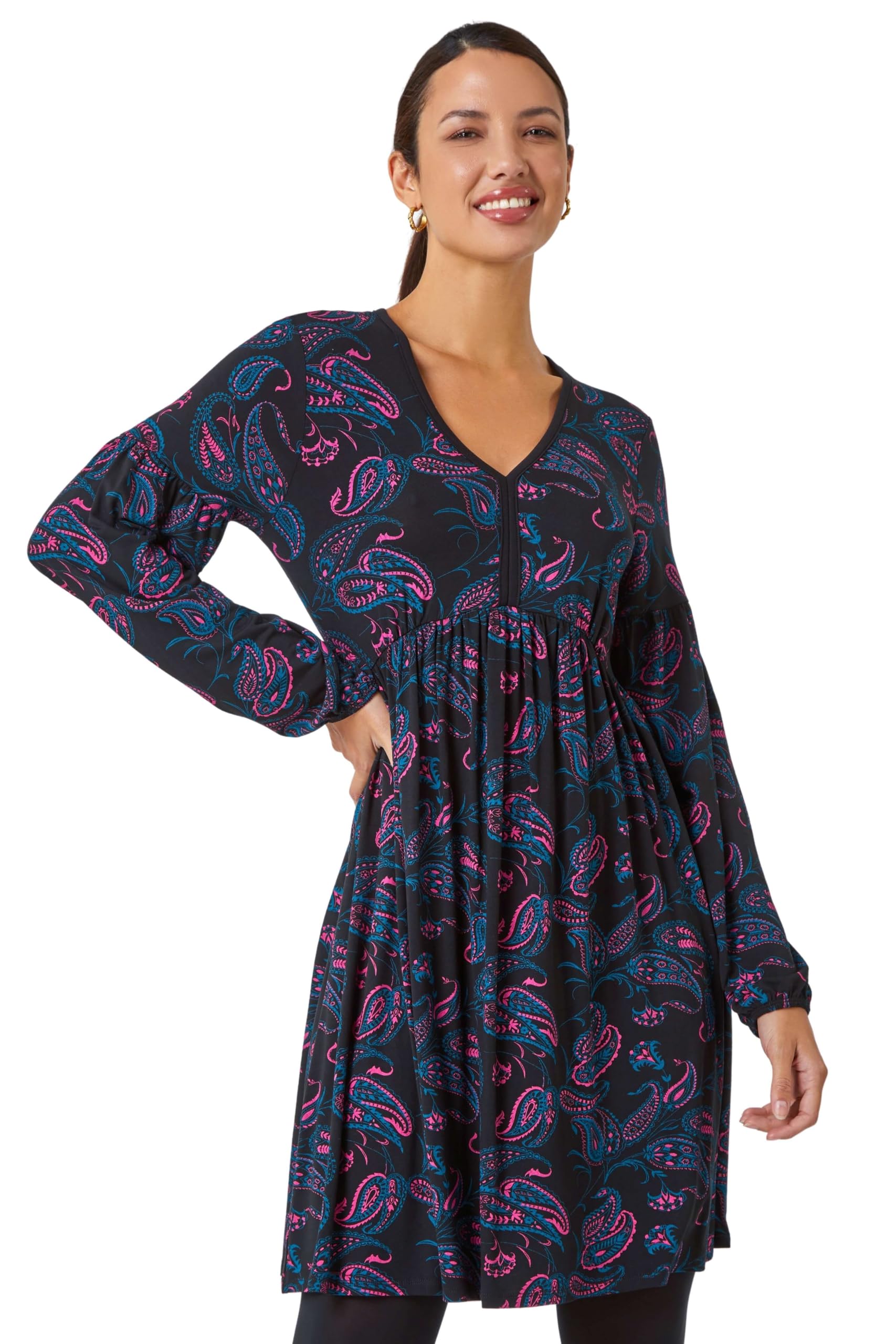 Roman Women's Black Paisley Print Stretch Jersey Dress In Size 14