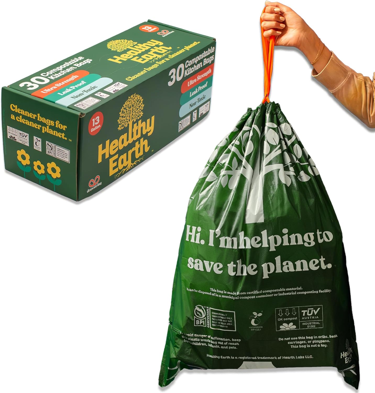 Healthy Earth 13 Gallon Compostable Trash Bags – BPI & TÜV Certified Plant-Based Tall Kitchen Bags with Drawstring Handles for Tall Bins, Leak-Resistant, Heavy-Duty, Large Garbage Bags (30 Bags)