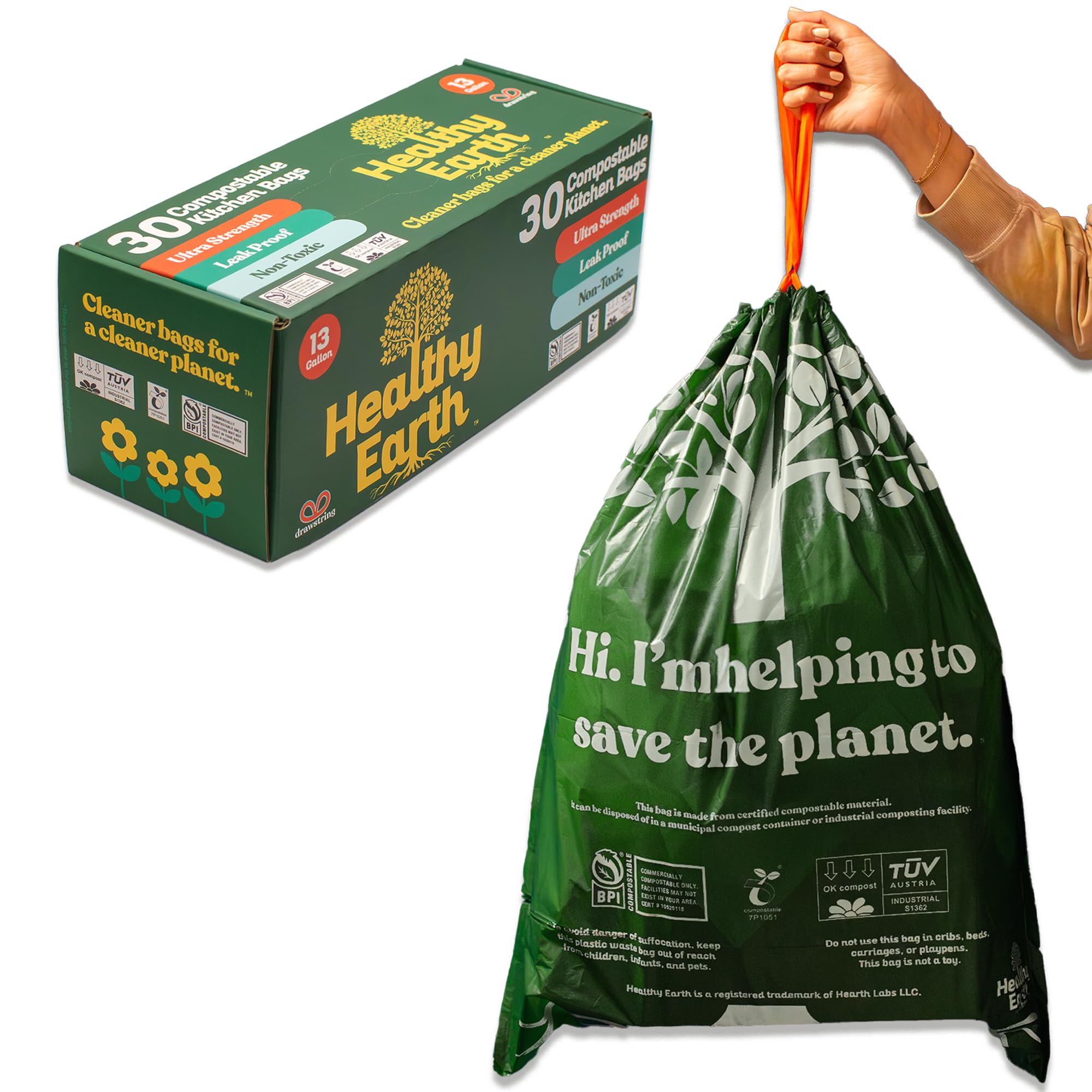 Healthy Earth 13 Gallon Compostable Drawstring Trash Bags, 1.13 Mil Extra Thick Tall Kitchen Liners (49.2 L), Heavy Duty Leak-Proof Food Scrap Bags, BPI &amp; TÜV OK Compost Certified, 30 Count