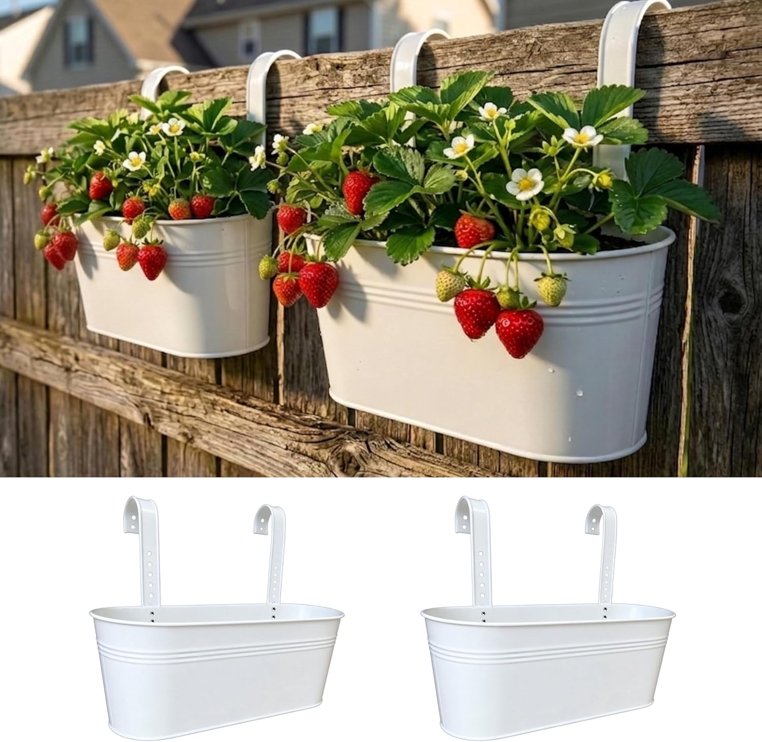 LaLaGreen Planter Boxes for Outdoor (2 Pack, 17 Inch) White Metal Deck Railing Hanging Flower Pots, Large Window Box Plant Holder Hooks Fence Rail Bucket Outside Boho Style Wall Mount Porch Herb Decor