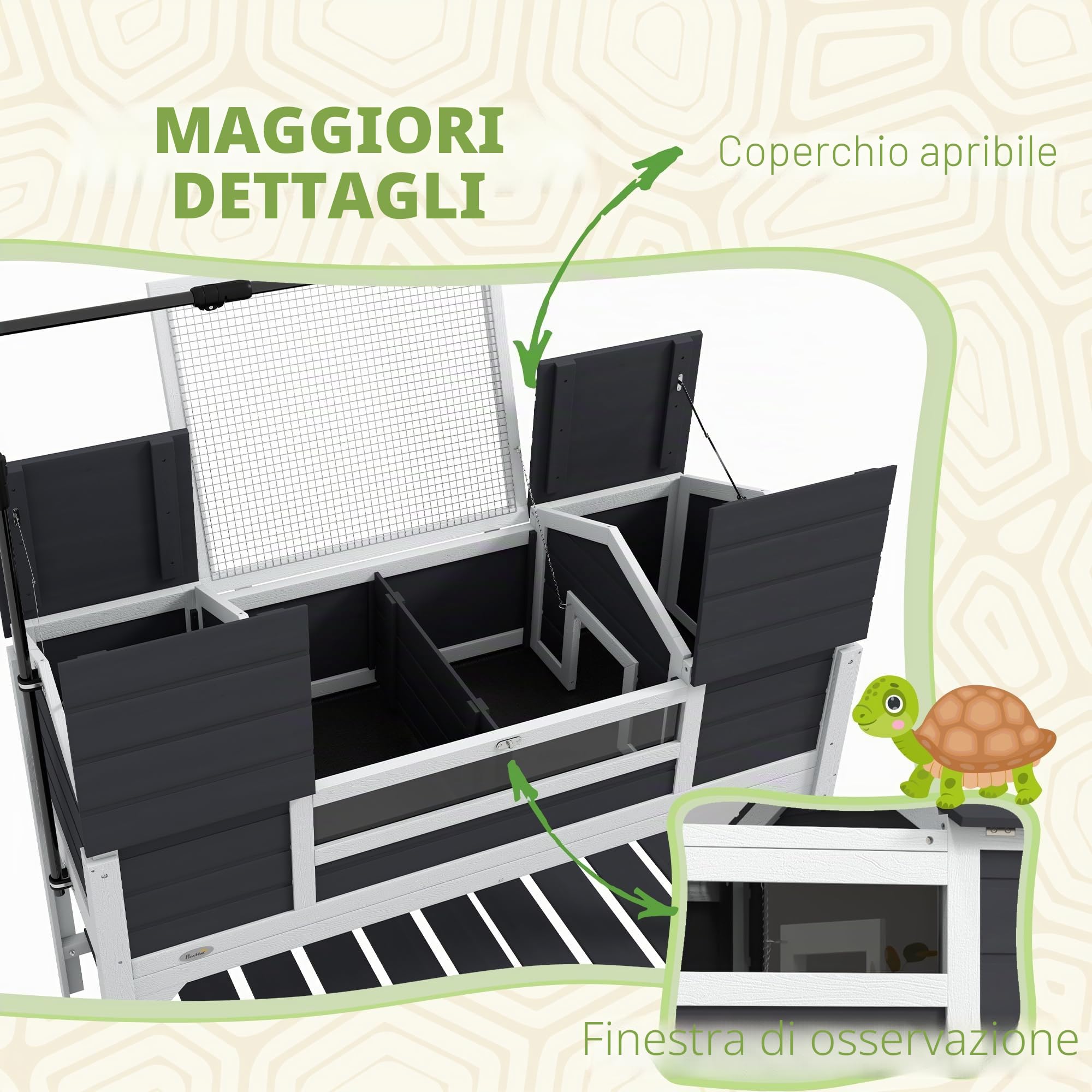 PawHut Casetta per tartarughe di terra da esterno, recinto in legno per tartarughe, 2 nicchie, portalampada regolabile, tetto apribile, gabbia per tartarughe di terra, finestra in acrilico