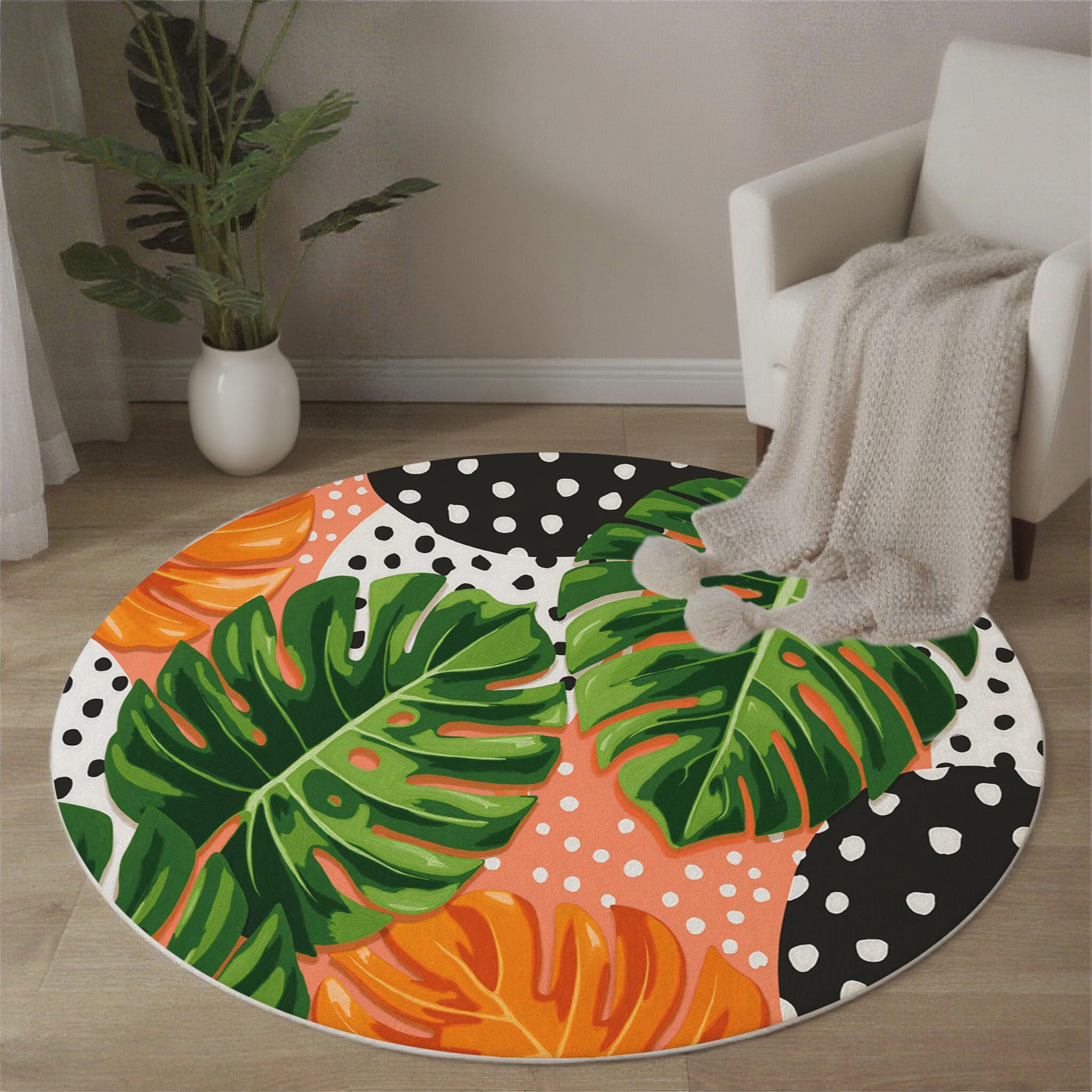 Tapis rond de salon moderne motif monstera orange-vert 160 cm