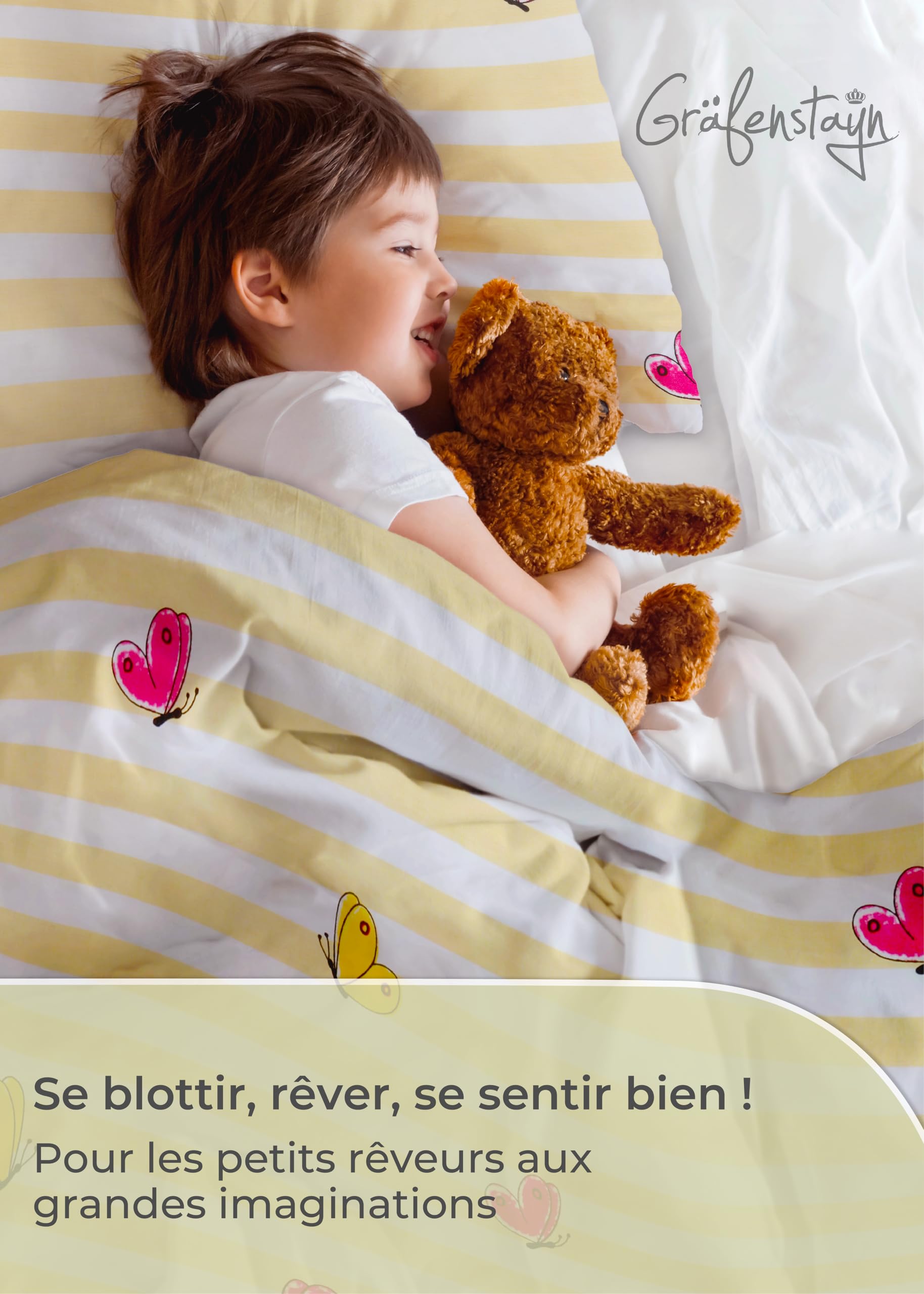 Gräfenstayn Parure de Lit Enfant Bébé 2 Pièces - 100% Coton Motif Animal Girafe Éléphant - Housse Couette 135x100 Taie 60x40 - Oeko-Tex Fermeture Éclair