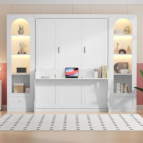 Queen Size Murphy Bed with Storage Drawers & Desk,Wall Bed Frame Folding into Cabinet Design w/LED & Storage Shelf for Small Space,Bedroom,Guest Room,White
