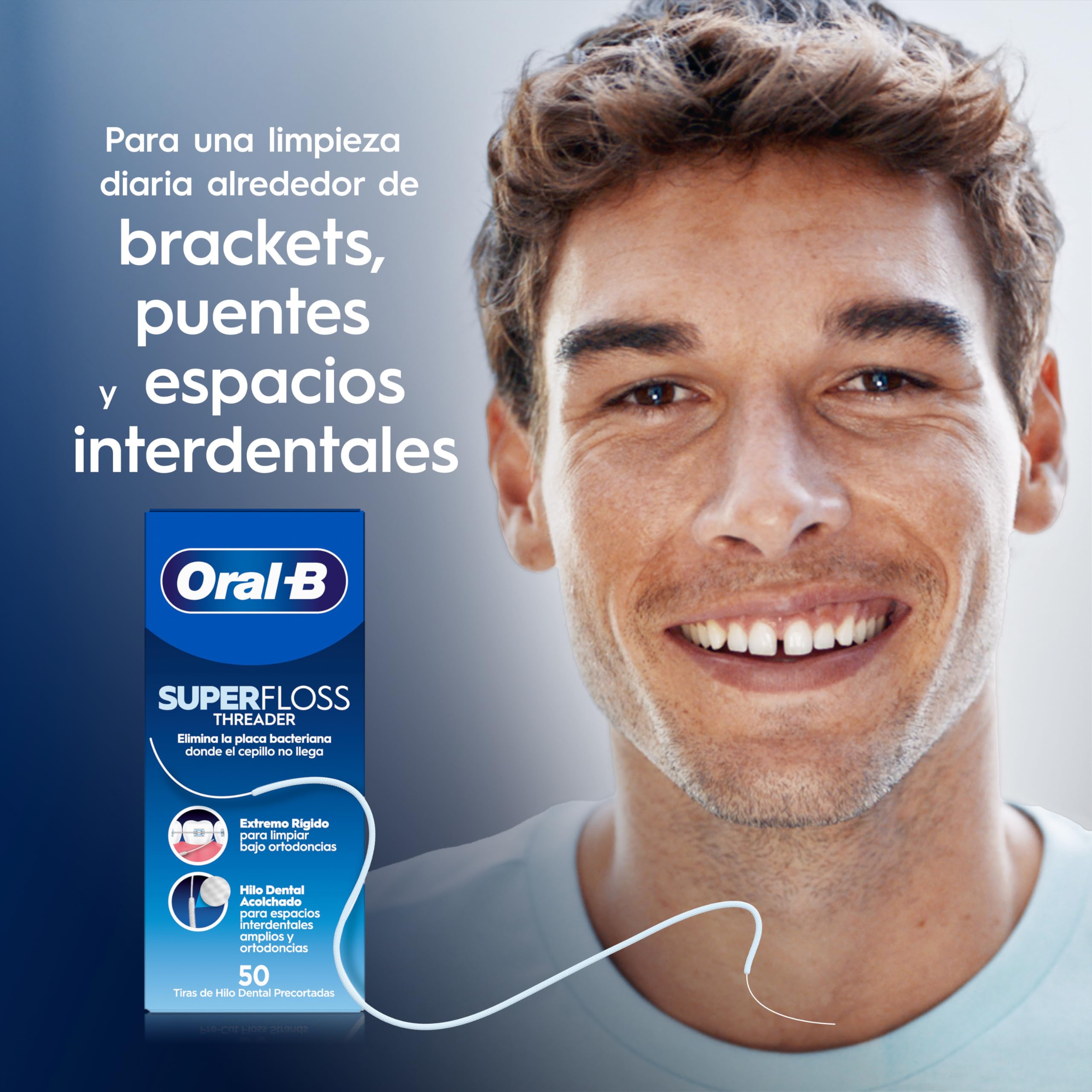 Oral-B Superfloss Seda Dental Threader, Elimina La Placa Bacteriana Y El Sarro, Puntas Rígidas O Seda Dental Acolchada, Para Limpiar Brackets Y Aparatos, 50 Hebras Precortadas - 2