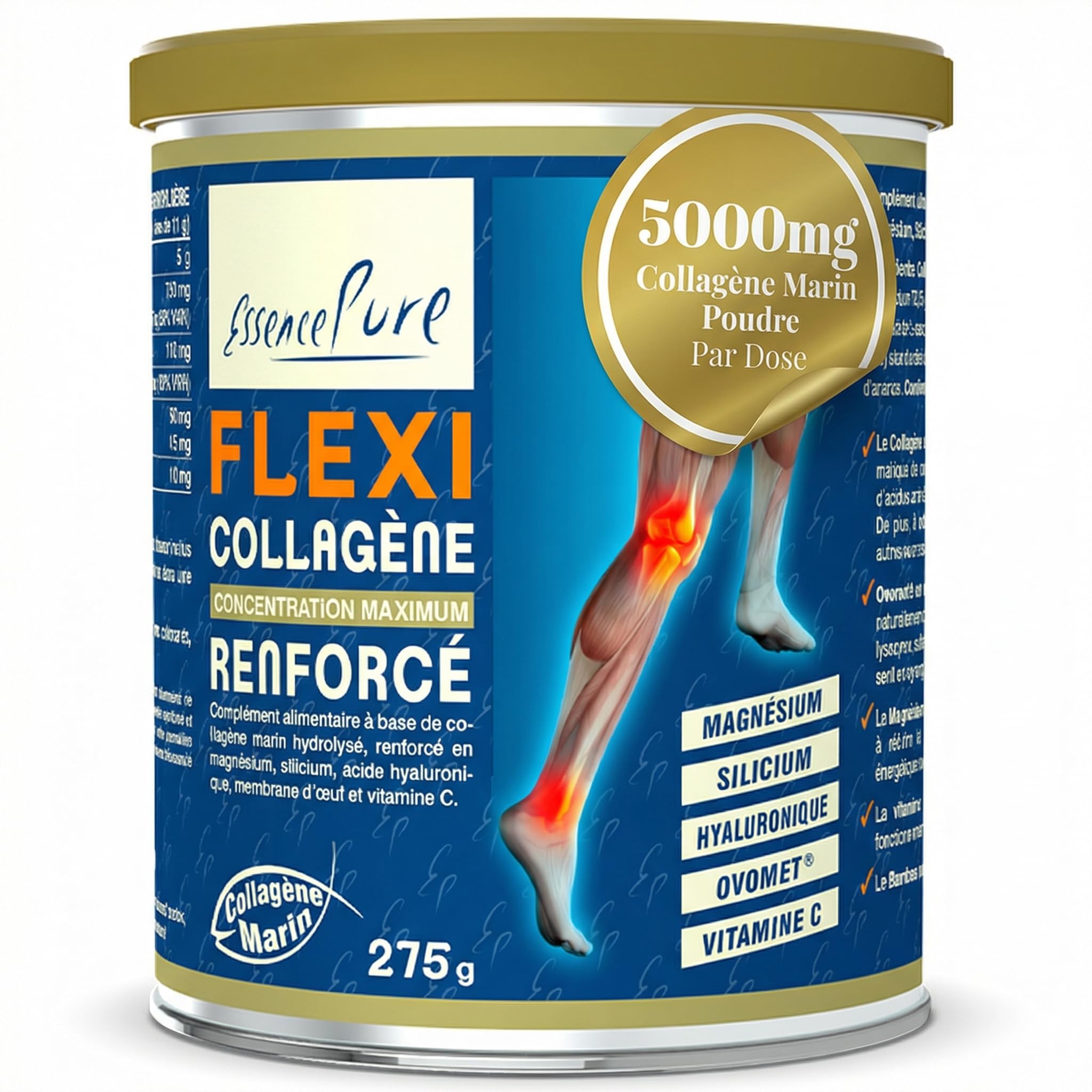 Collagene Marin Poudre 275g | Peptan Collagen Peptides (5g) Collagene Magnesium, Ovomet et Silicium Organique | Complément Alimentaire Articulation Flexi Essence Pure| Api-Nature