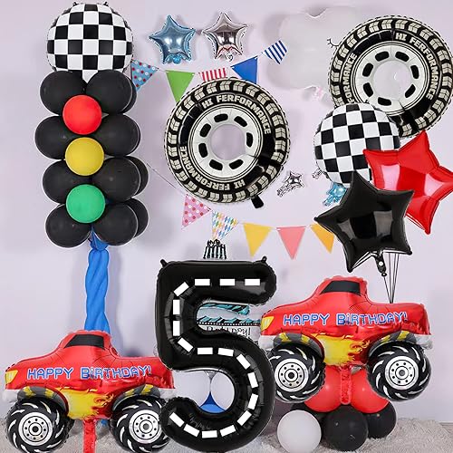 Miniatura 5 de Decoraciones de fiesta de camiones, 9 globos de aluminio con número de cumpleaños de camión para camión de 4 cumpleaños, suministros de fiesta