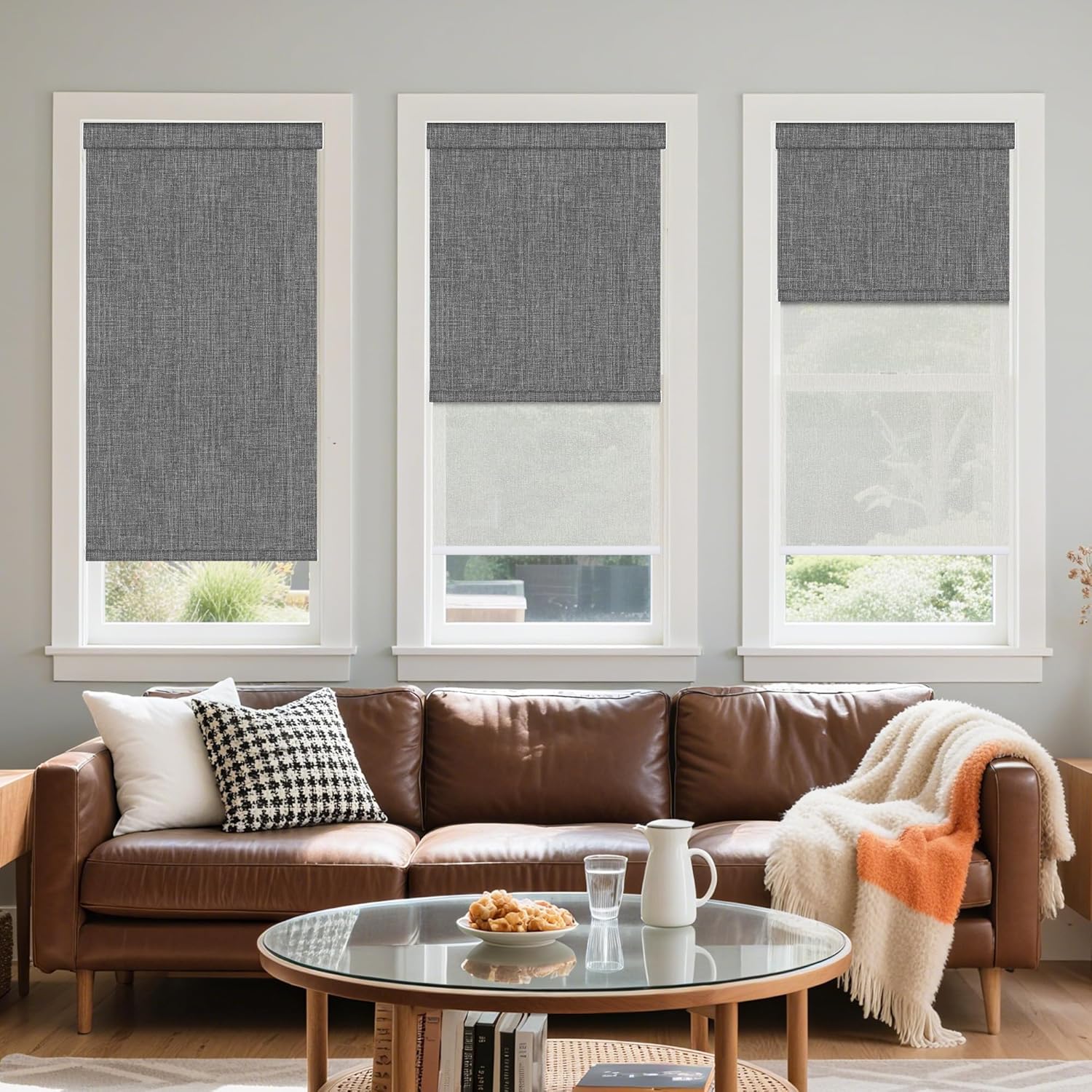 Grandekor Dual Roller Shades, Day and Night Roller BlindsCordless Double Window Shades,Blackout and Light Filtering Shades with Valance,Roller Blinds for Home Office Door,Dark Gray and Beige 26"x46"