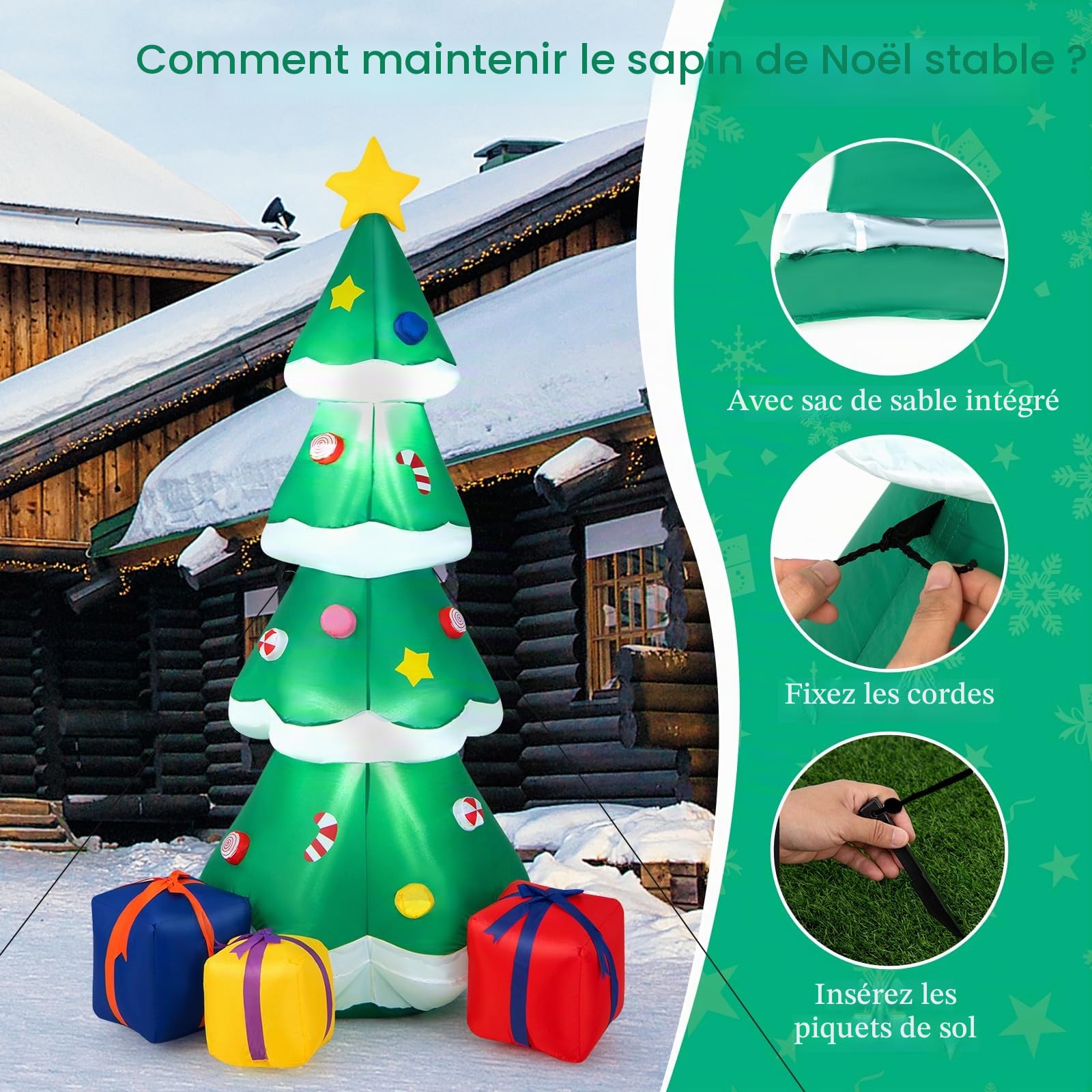 SOARS Decoration Noel, Sapin de Noel Gonflable 180 CM, avec Lumière LED et Soufflerie Intégrée, Décoration Noel Auto-Gonflable Résistant aux Intempéries, pour Cour, Jardin, Salon
