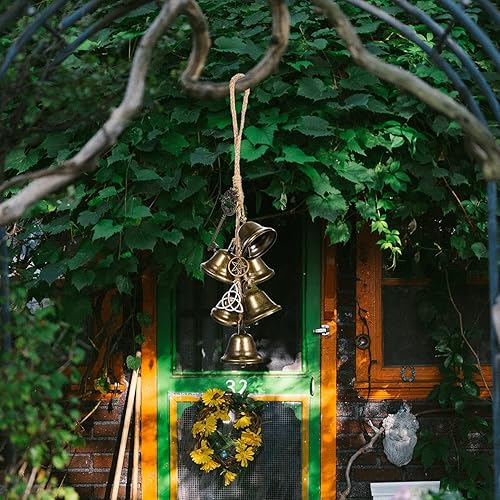 Miniatura 4 de Campanas de bruja para perilla de puerta para protección, kit de 2 carillones de viento de bruja, corona colgante hecha a mano, decoración Wiccan