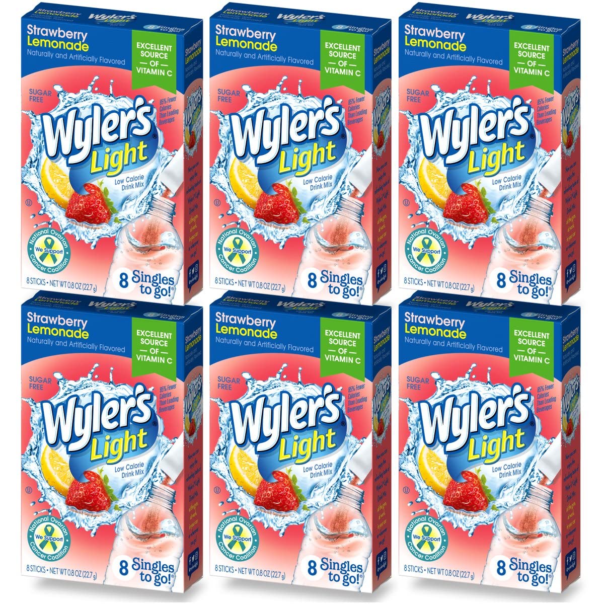 Wyler's LightSingles To Go (6 Pack), Strawberry Lemonade Water Drink Mix, 48 Total Powder Drink Mix Packets
