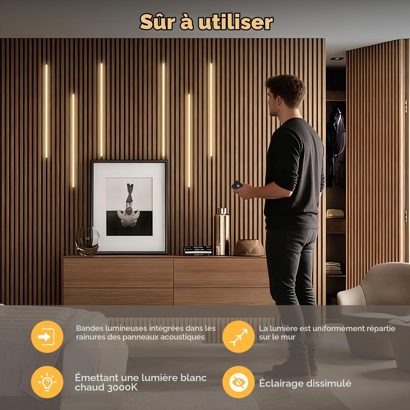 éclairage Pour Panneaux Acoustiques, Intensité Variable Sécable Avec Bande LED Intégrée 6 X 100cm Blanc Chaud Et Capteur Tactile Installation Facile Pour Panneaux Acoustiques (6 Bandes Lumineuses)