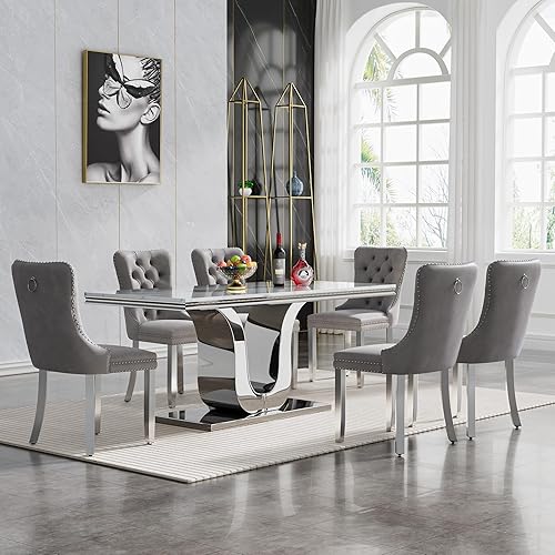 Miniatura 18 de Juego de mesa de comedor de mármol sintético blanco plateado de 70 pulgadas para 4, 5 piezas rectangulares de cocina con base de acero inoxidable en