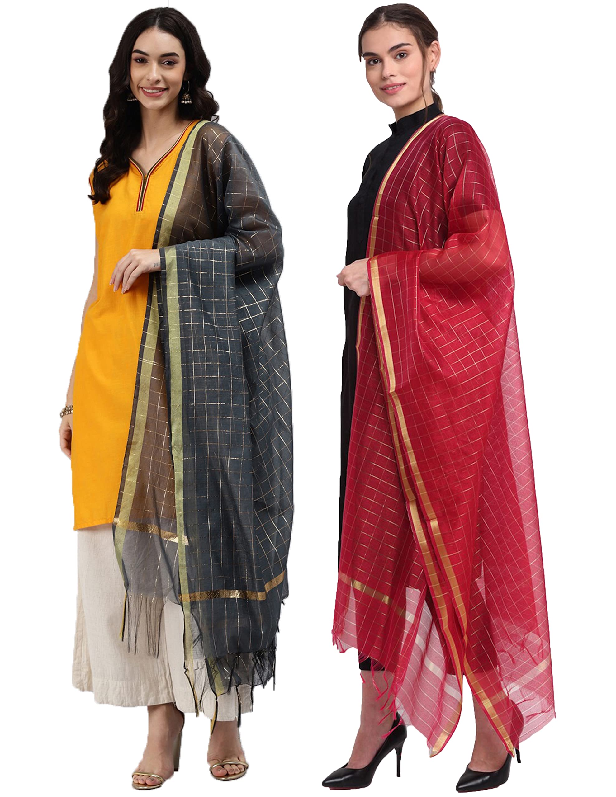 diamo Banarasi Chandheri Checks Women Dupatta Pack of 2-picture-7