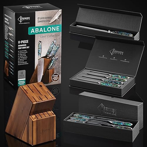 Miniatura 7 de SENKEN - Juego de cuchillos de Damasco de 11 piezas con mango de concha de abulón - Juego de cuchillos de chef japoneses de la colección "Umi" -